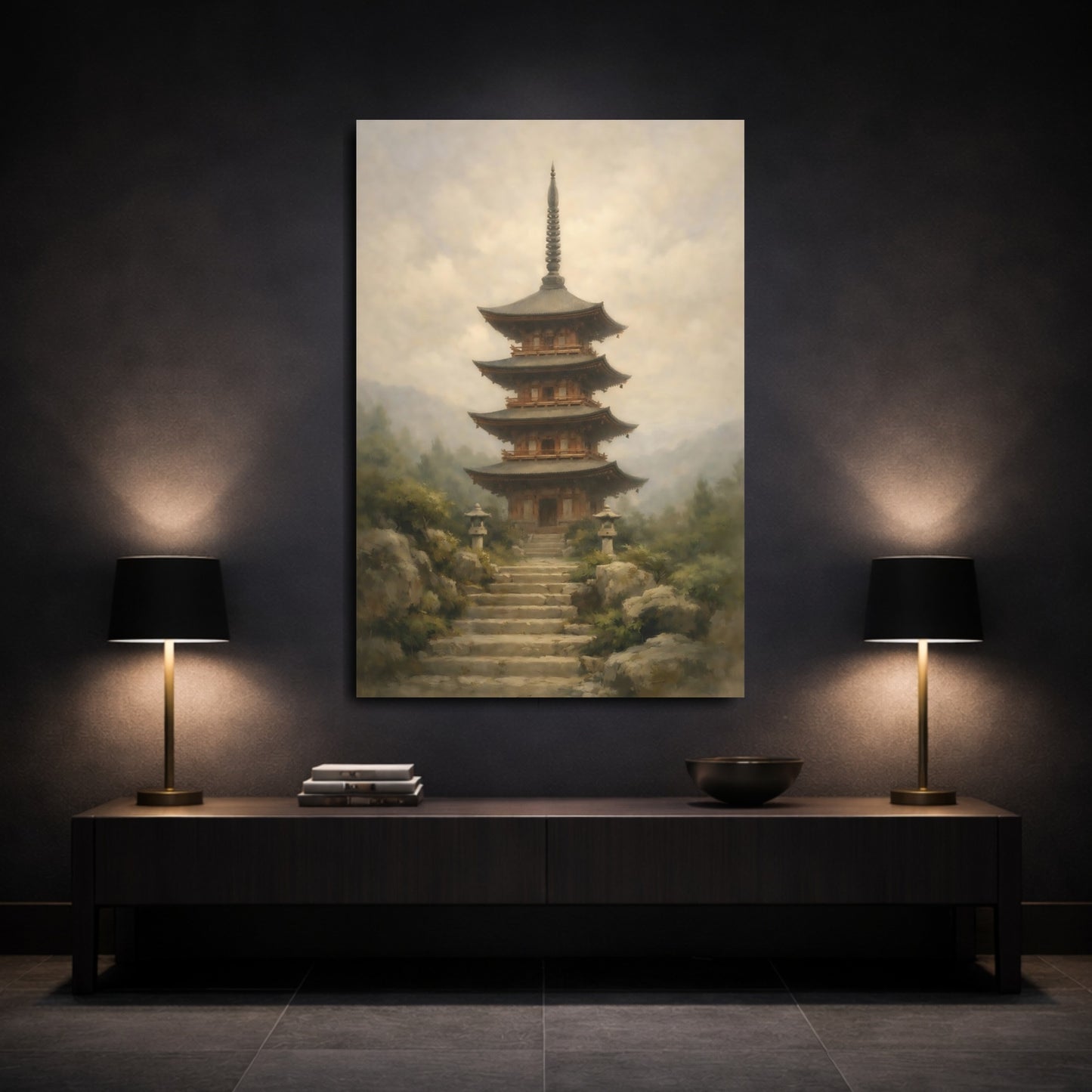 Mockup 2. Religious Pagoda Japanese Pagoda shown as stretched canvas wall art