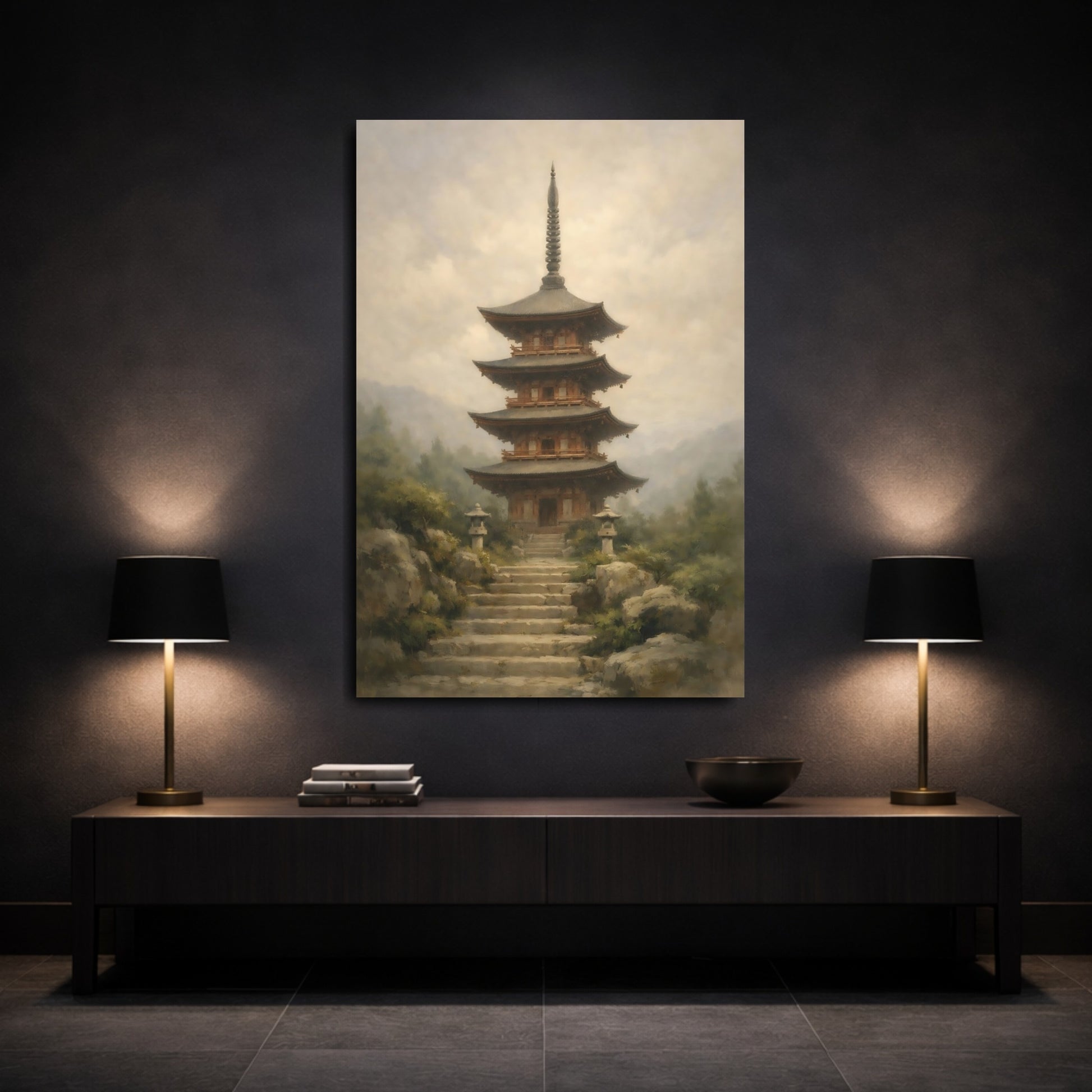 Mockup 2. Religious Pagoda Japanese Pagoda shown as stretched canvas wall art