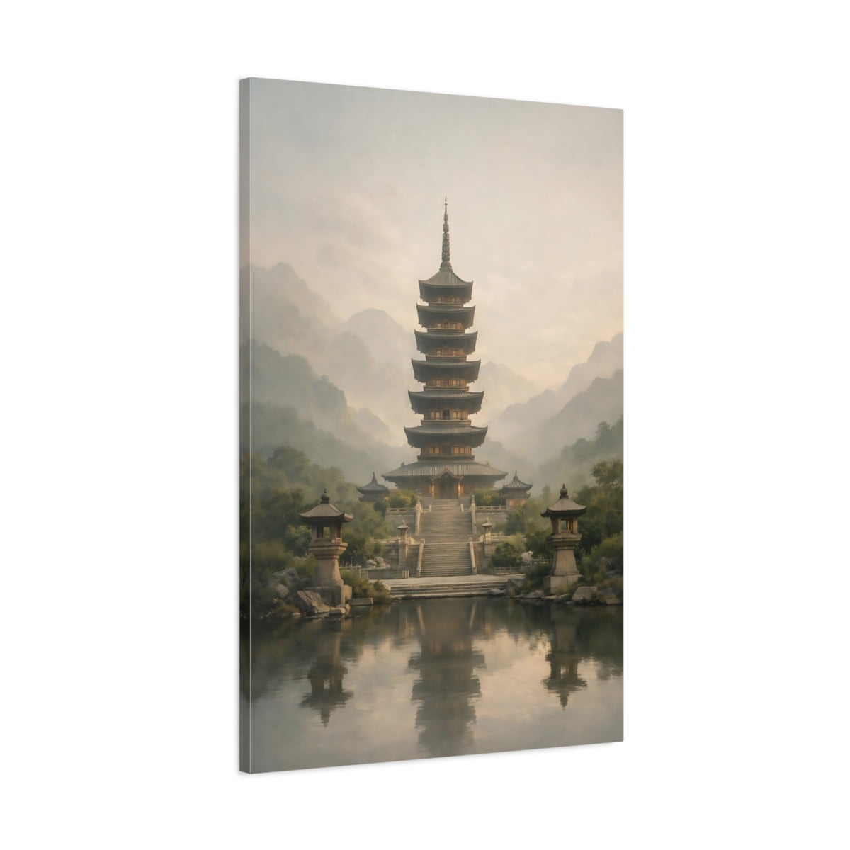 Side Mockup 1. Religious Pagoda Misty Pagoda shown as stretched canvas wall art