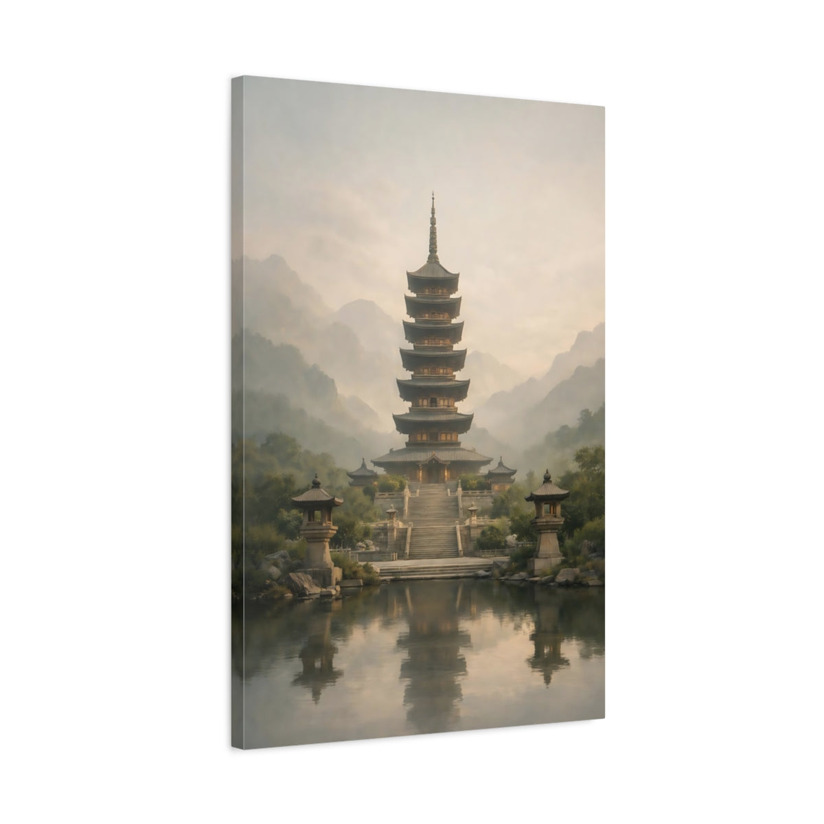 Side Mockup 2. Religious Pagoda Misty Pagoda shown as stretched canvas wall art