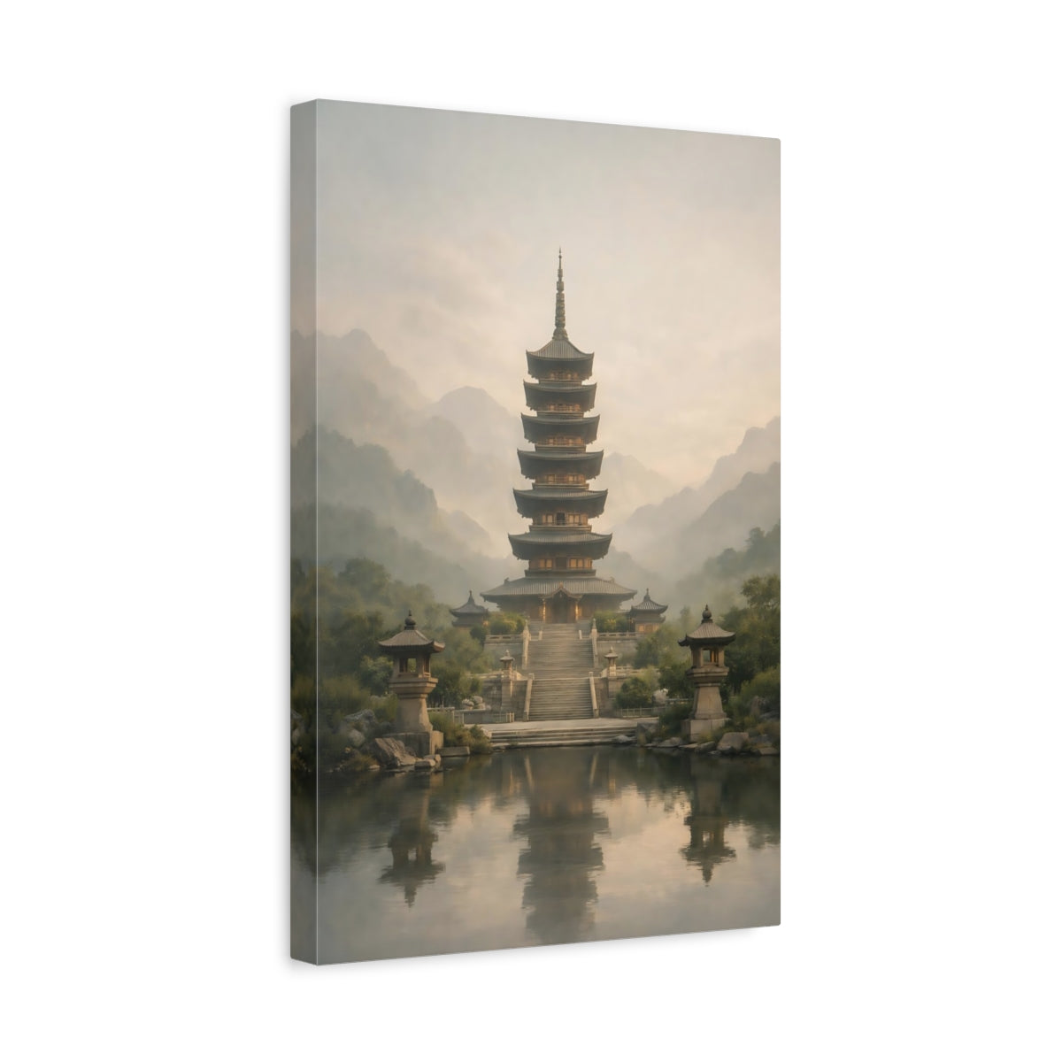 Side Mockup 4. Religious Pagoda Misty Pagoda shown as stretched canvas wall art