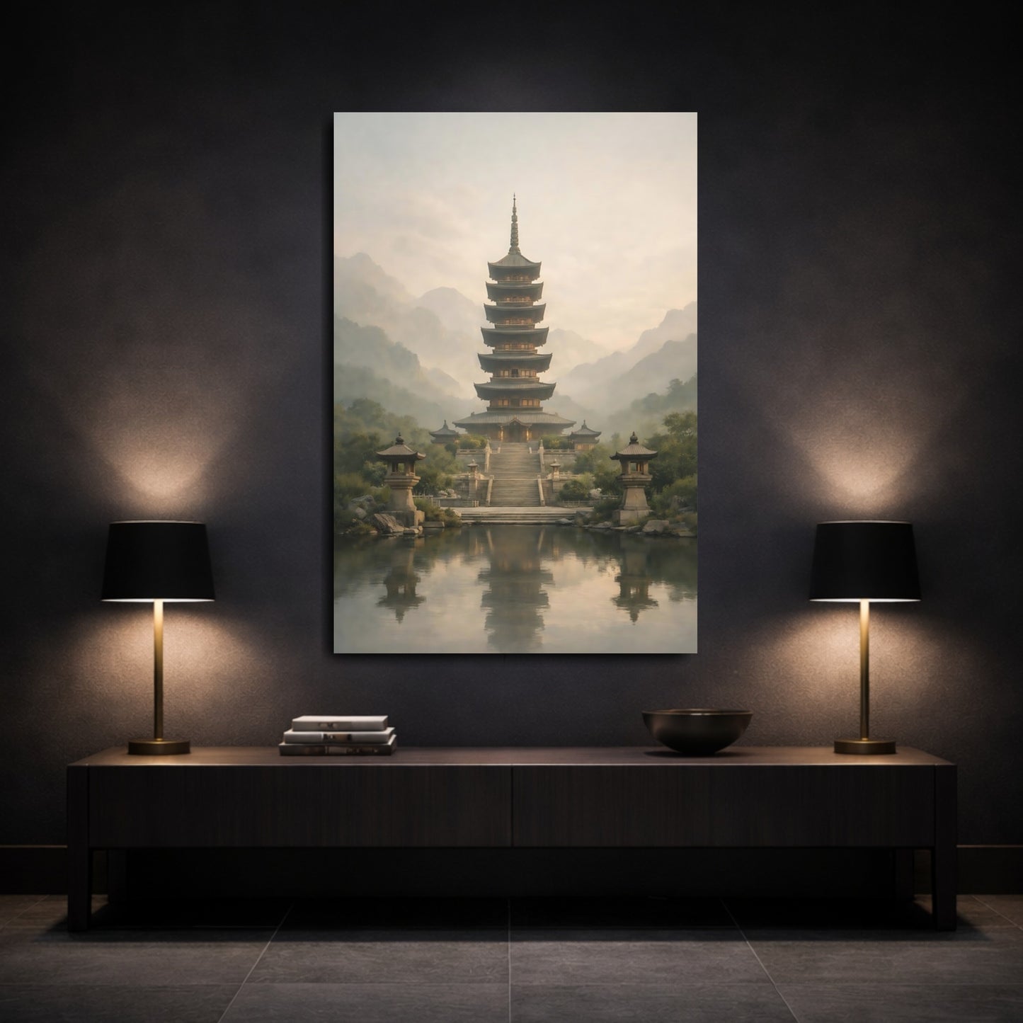 Mockup 2. Religious Pagoda Misty Pagoda shown as stretched canvas wall art