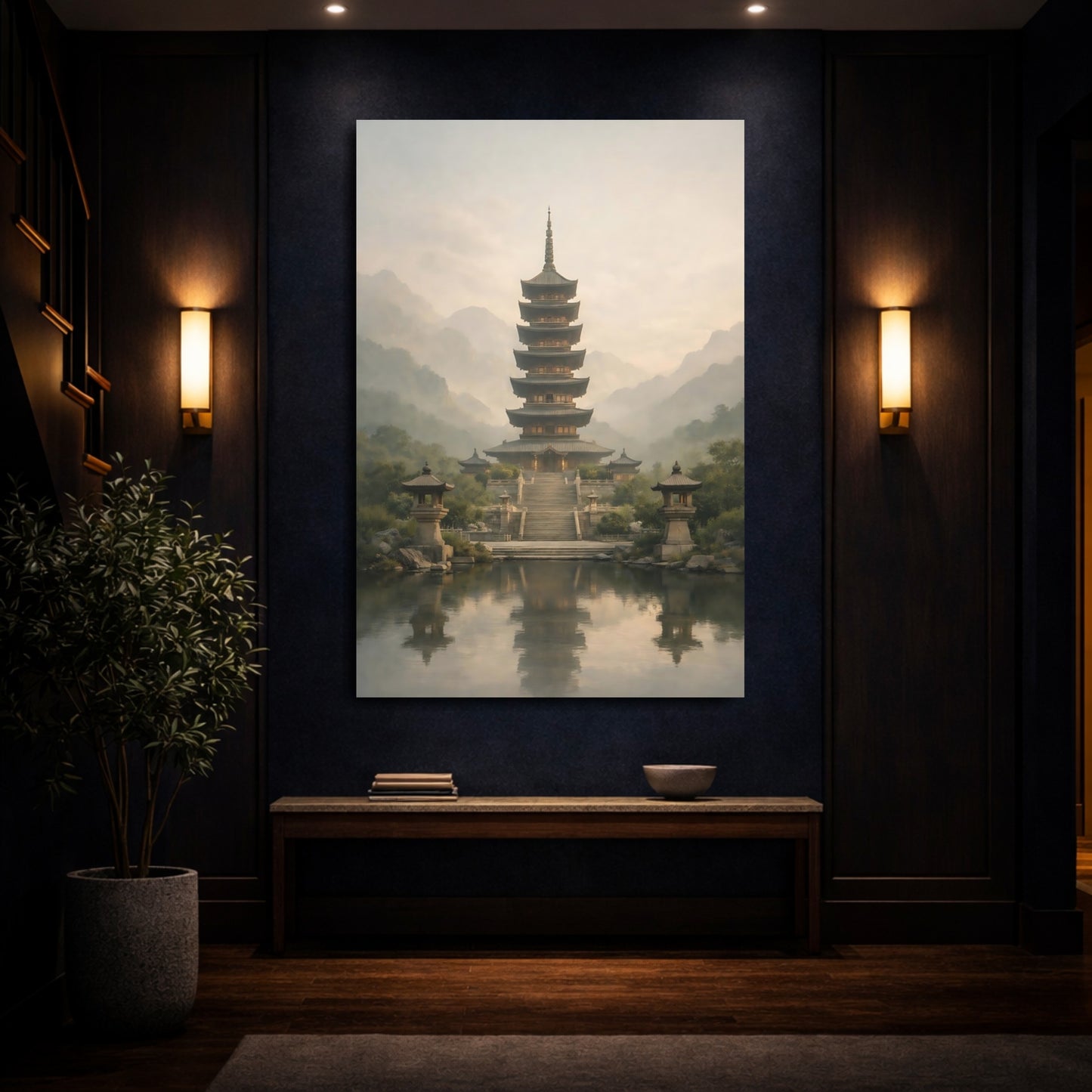 Mockup 3. Religious Pagoda Misty Pagoda shown as stretched canvas wall art