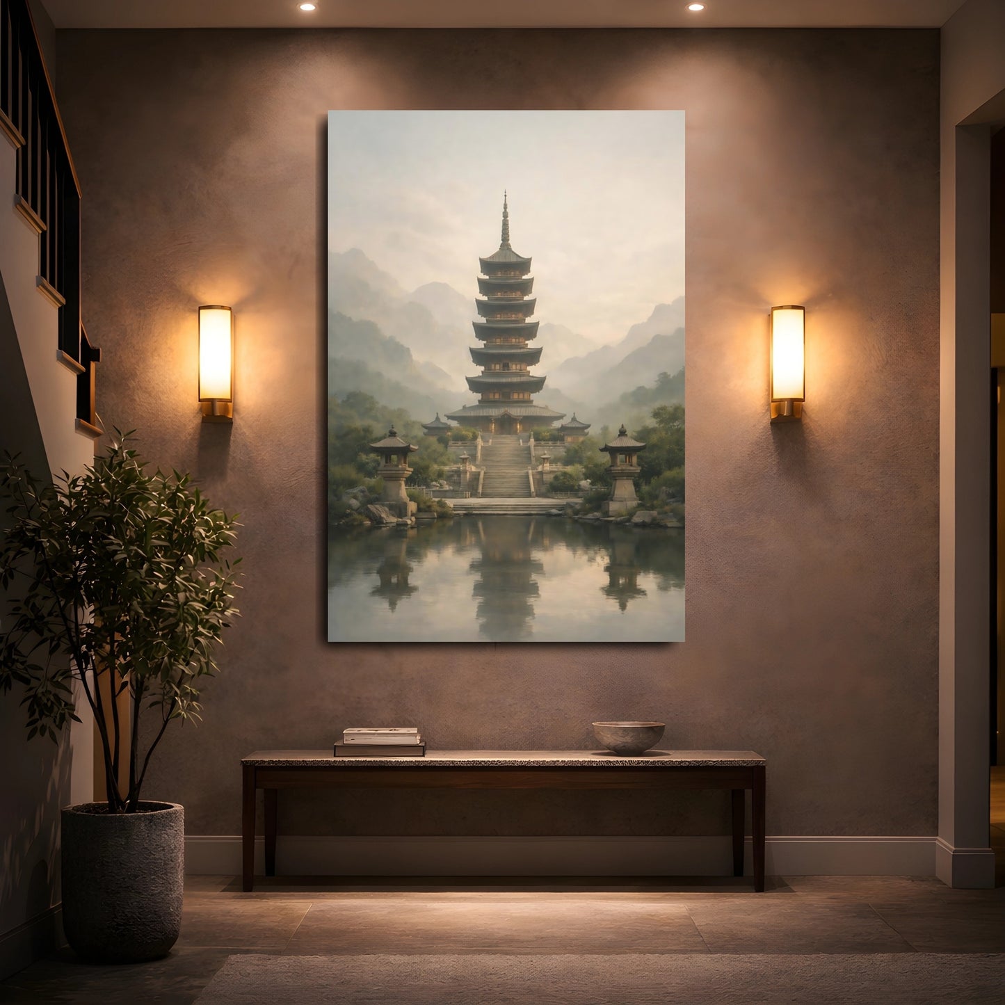Mockup 4. Religious Pagoda Misty Pagoda shown as stretched canvas wall art