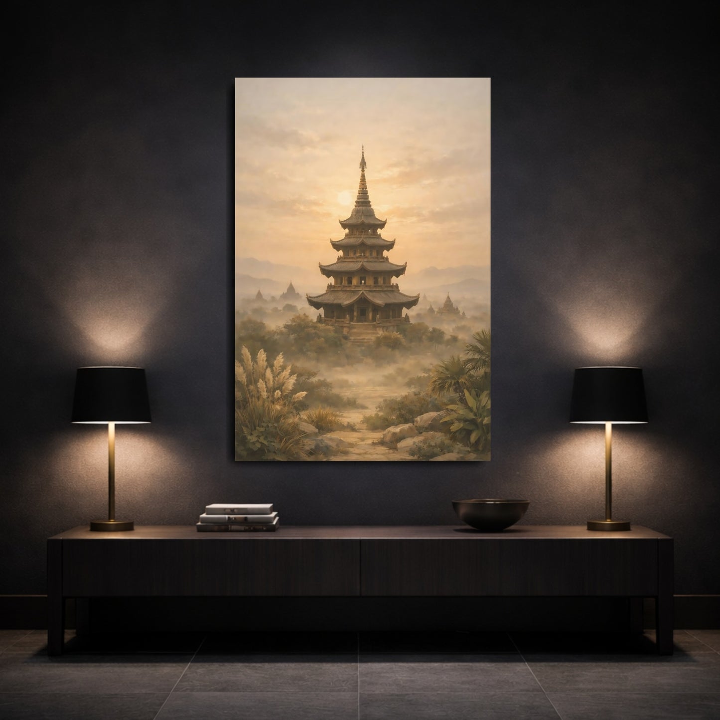 Religious Pagoda Warm Gold Pagoda shown as front canvas room wall art