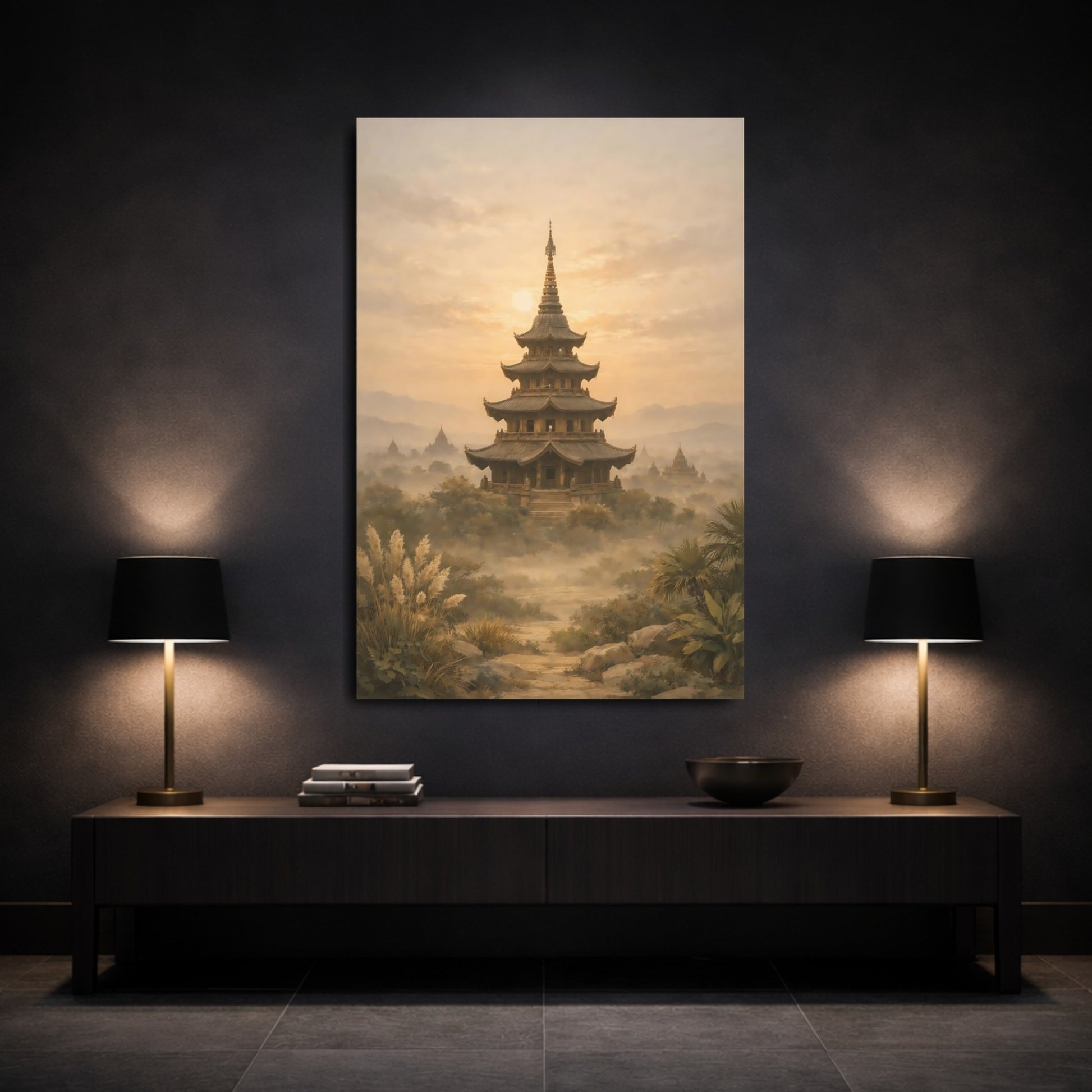 Religious Pagoda Warm Gold Pagoda shown as front canvas room wall art
