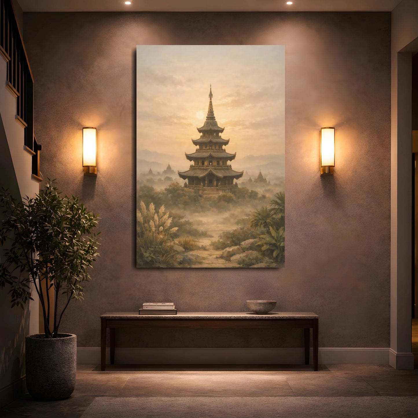 Religious Pagoda Warm Gold Pagoda shown as front canvas room wall art