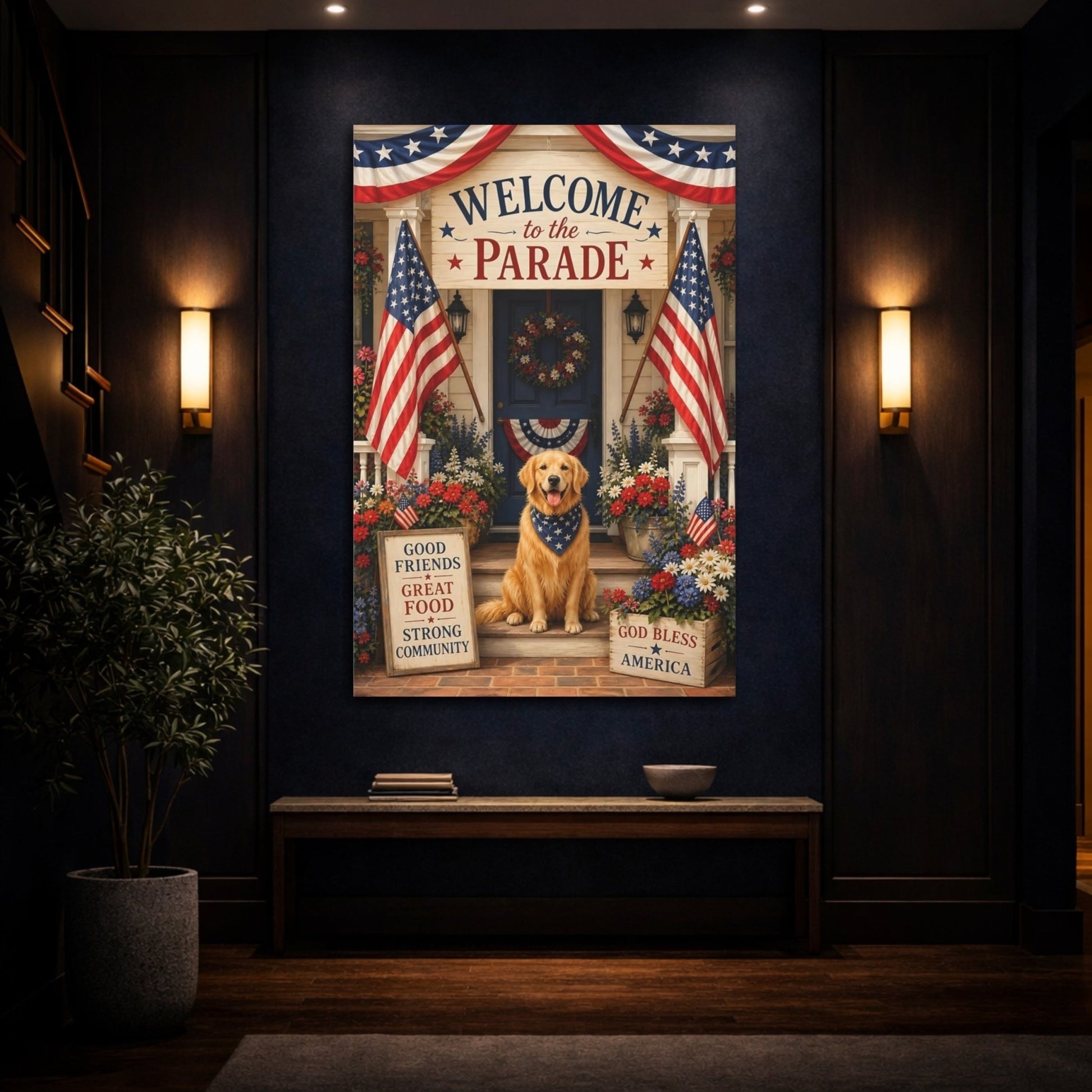 Religious Patriotic Dog Celebration Canvas Print – Traditional Living Room, Above Sofa - YesArtYes
