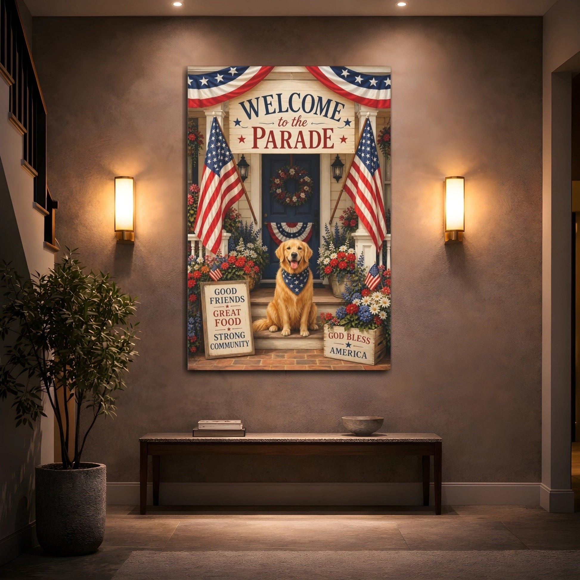 Religious Patriotic Dog Celebration Canvas Print – Traditional Living Room, Above Sofa - YesArtYes