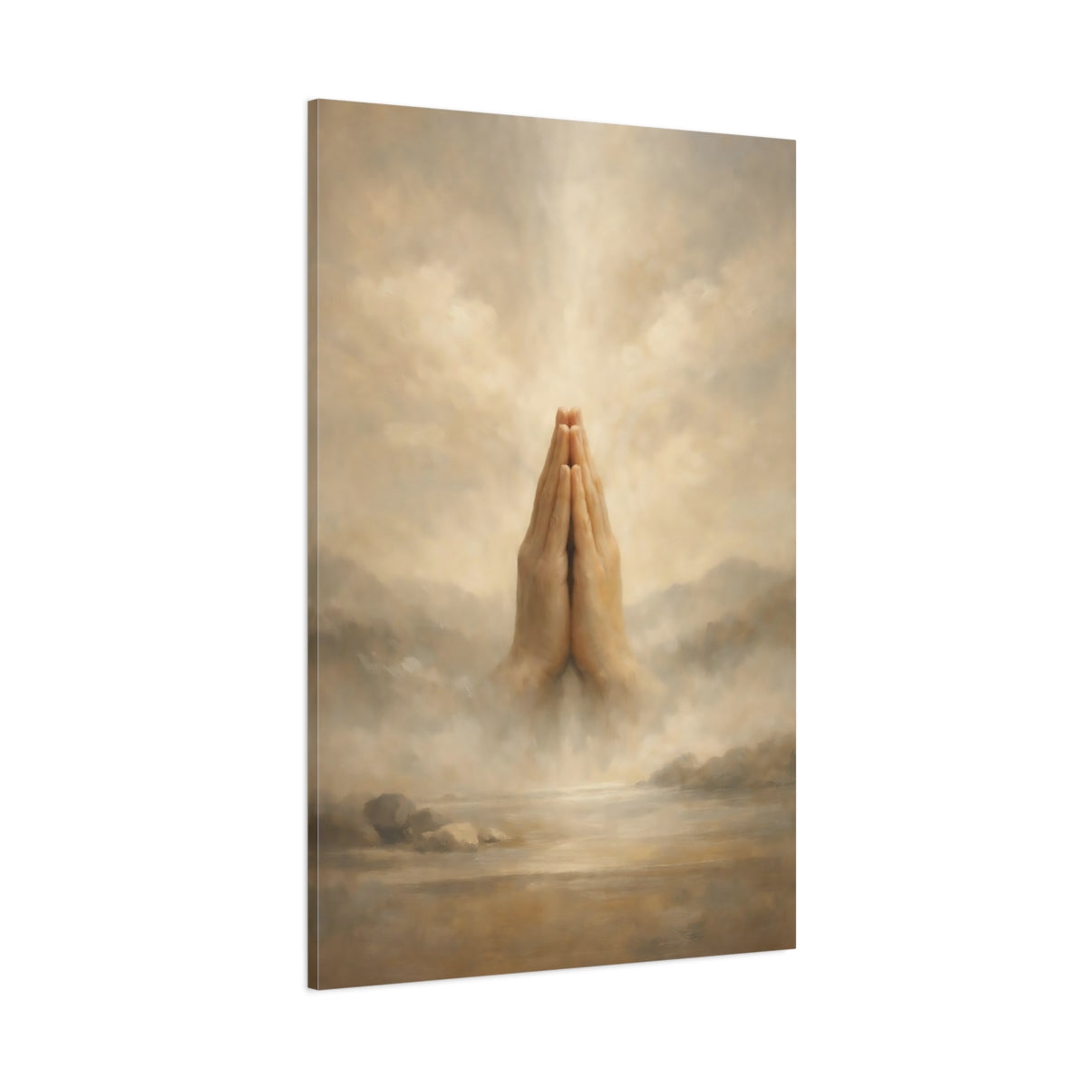 Main Mockup. Religious Praying Hands Brown And Beige shown as stretched canvas wall art