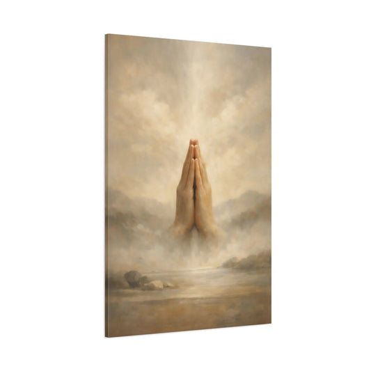Main Mockup. Religious Praying Hands Brown And Beige shown as stretched canvas wall art