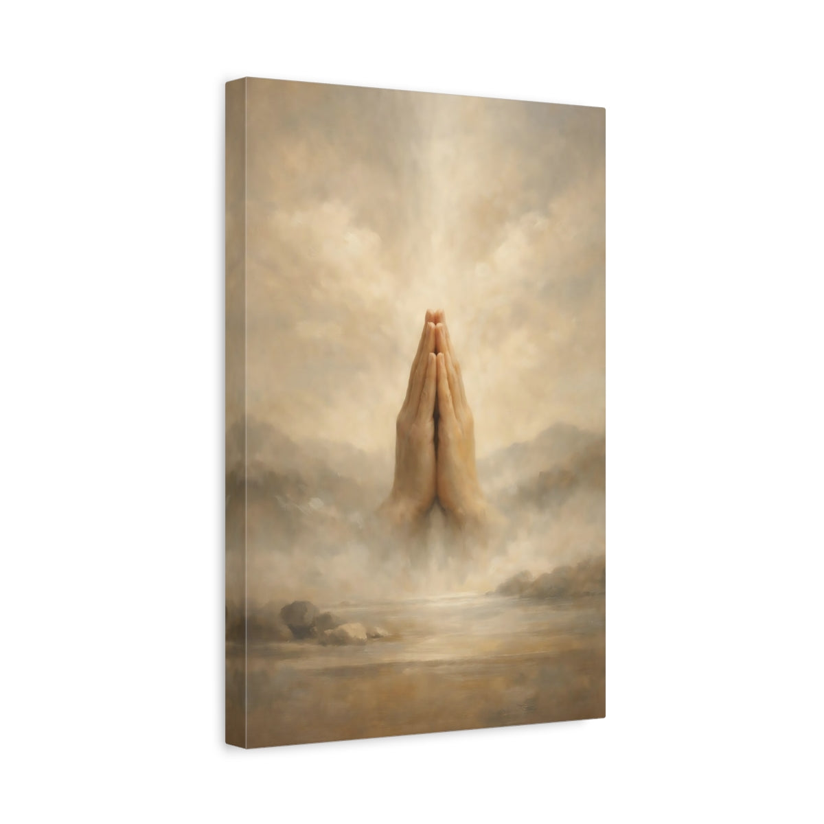 Side Mockup 4. Religious Praying Hands Brown And Beige shown as stretched canvas wall art