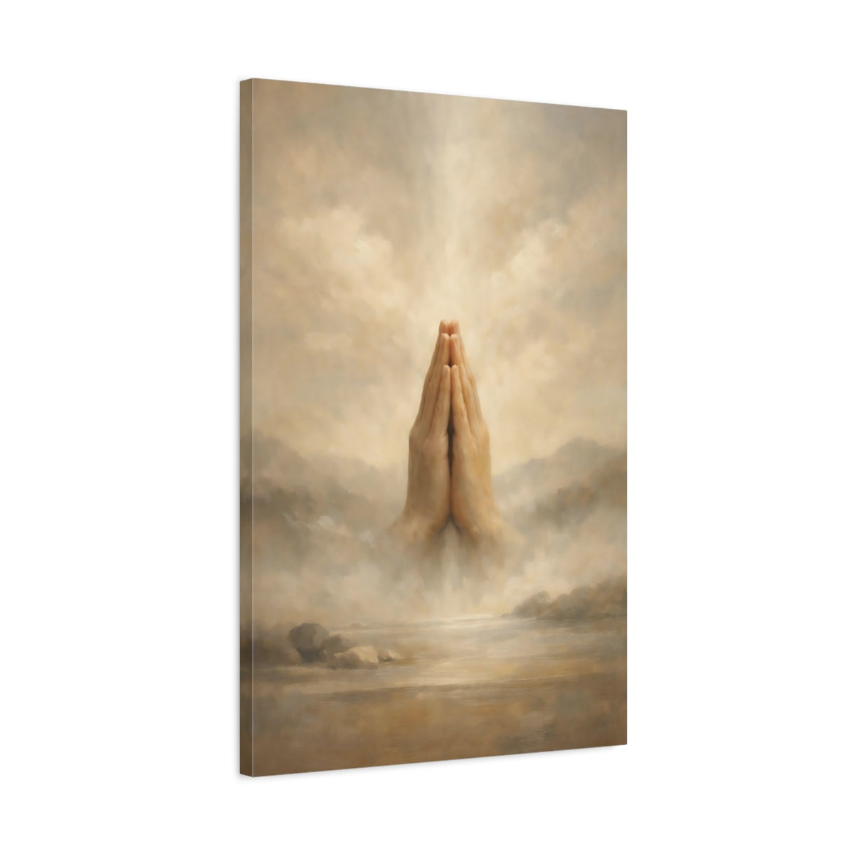 Side Mockup 2. Religious Praying Hands Brown And Beige shown as stretched canvas wall art
