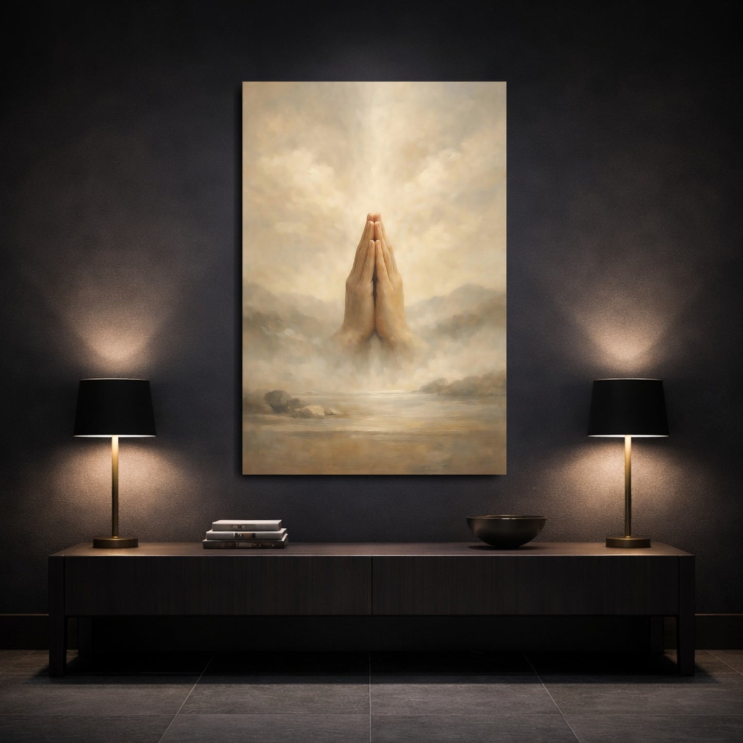 Mockup 2. Religious Praying Hands Brown And Beige shown as stretched canvas wall art