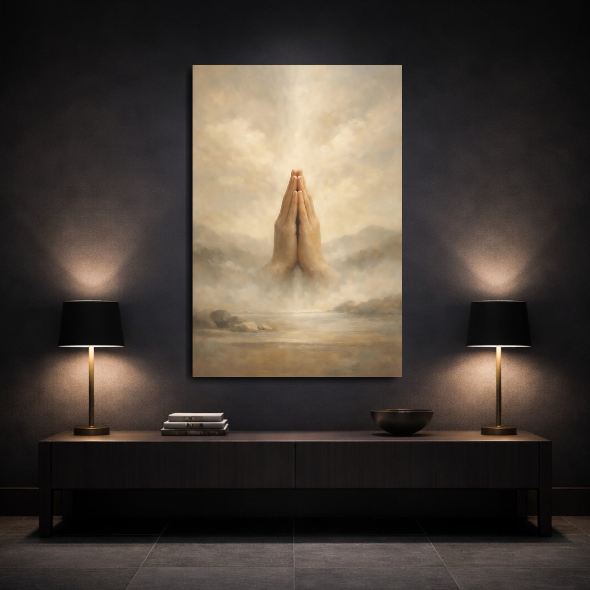 Mockup 2. Religious Praying Hands Brown And Beige shown as stretched canvas wall art