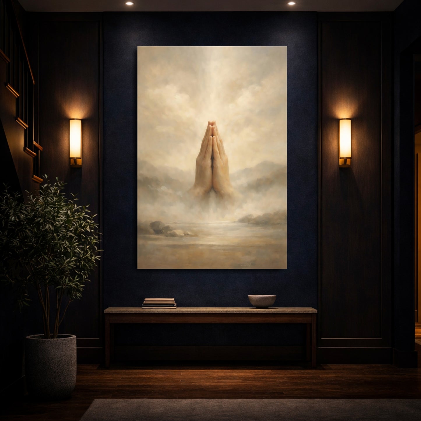 Mockup 3. Religious Praying Hands Brown And Beige shown as stretched canvas wall art