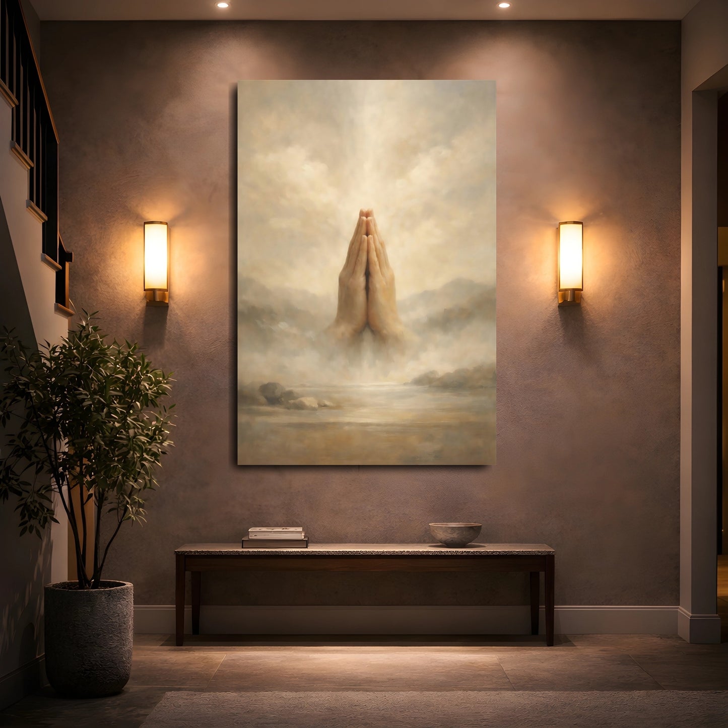 Mockup 4. Religious Praying Hands Brown And Beige shown as stretched canvas wall art
