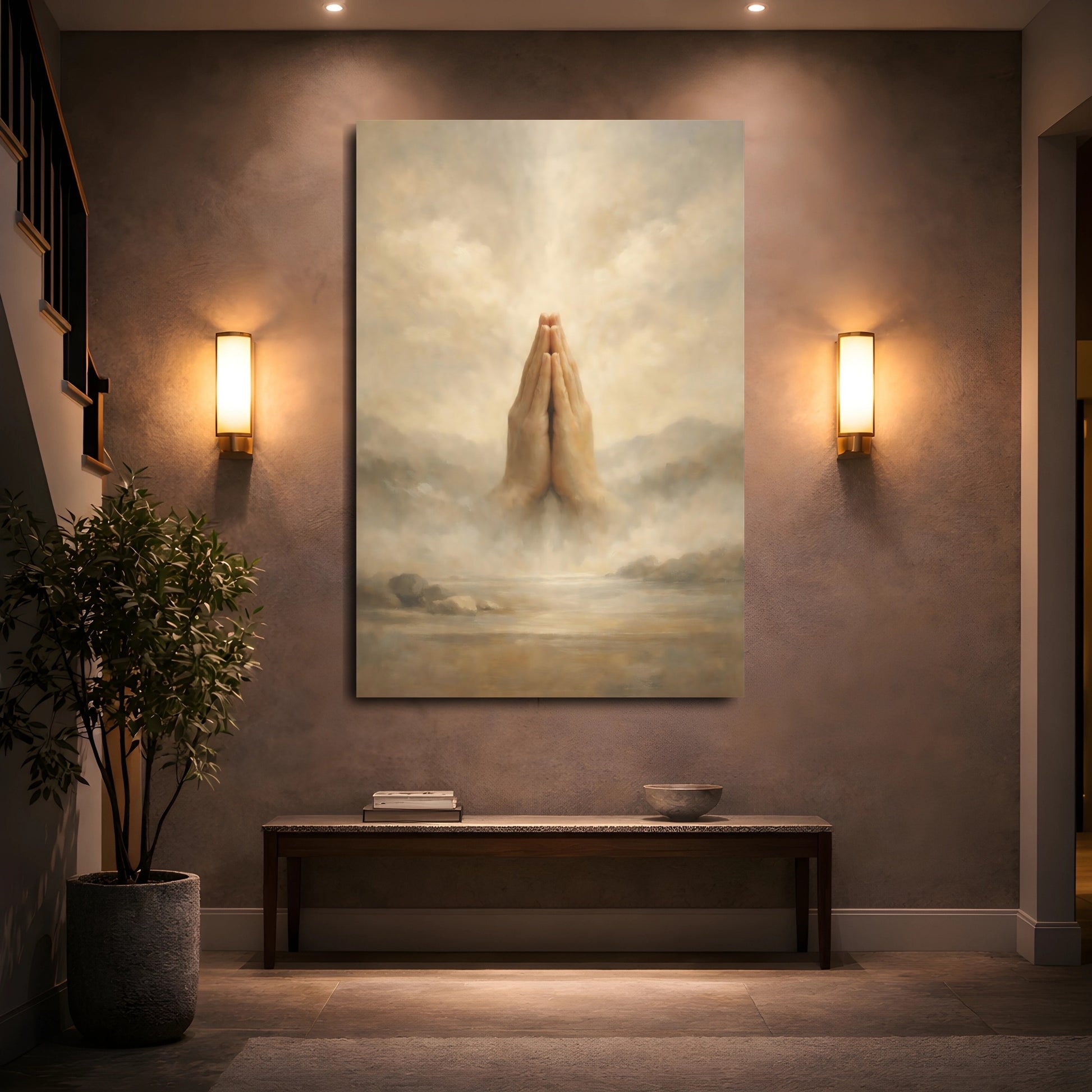 Mockup 4. Religious Praying Hands Brown And Beige shown as stretched canvas wall art