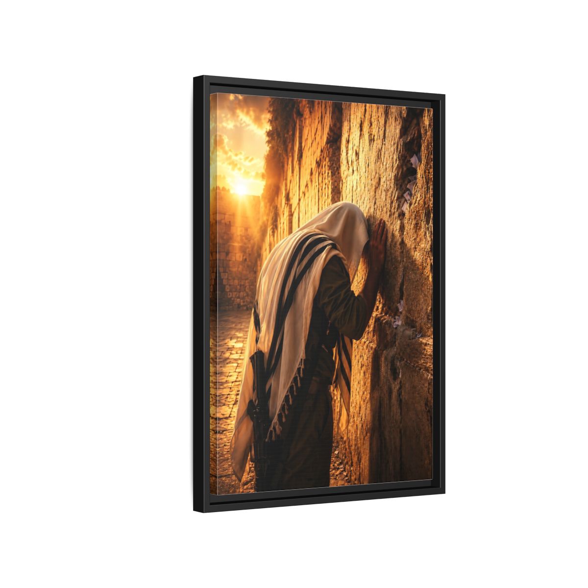 Side Mockup 3. Religious Praying Man Jerusalem Wall Sunset shown as framed canvas print