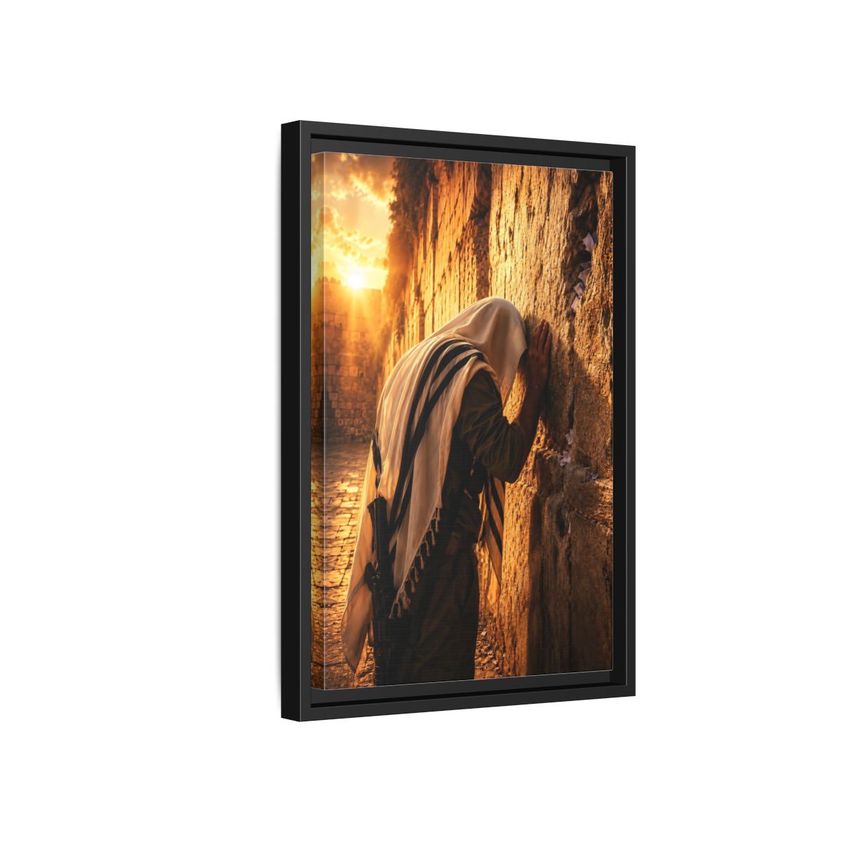 Side Mockup 6. Religious Praying Man Jerusalem Wall Sunset shown as framed canvas print