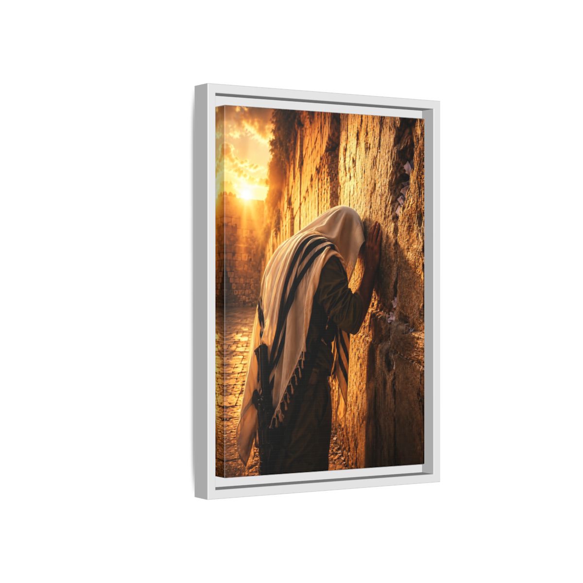 Side Mockup 4. Religious Praying Man Jerusalem Wall Sunset shown as framed canvas print