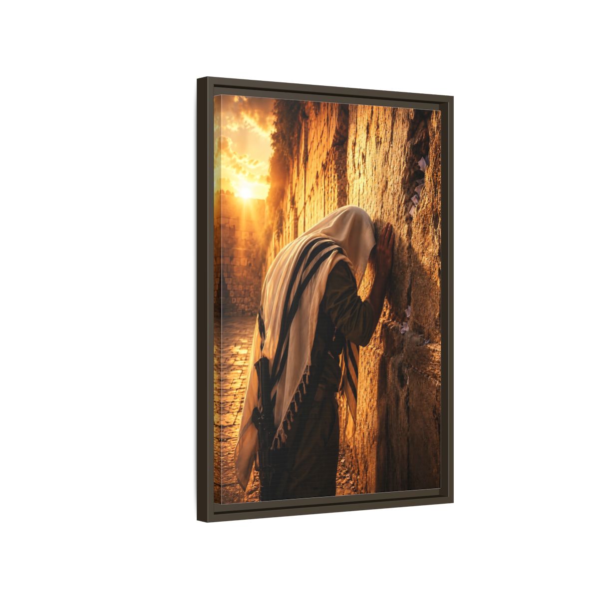 Side Mockup 2. Religious Praying Man Jerusalem Wall Sunset shown as framed canvas print
