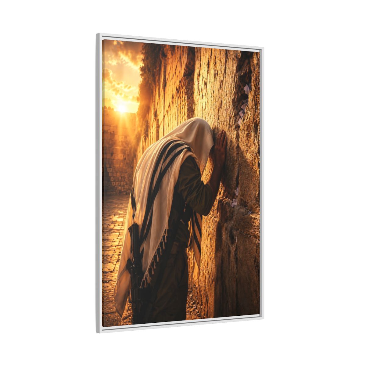 Side Mockup 7. Religious Praying Man Jerusalem Wall Sunset shown as framed canvas print