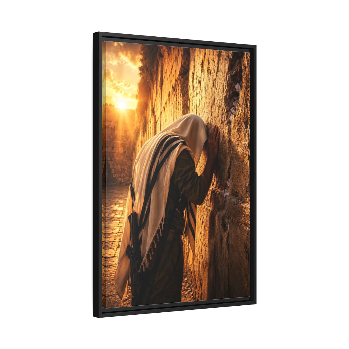 Side Mockup 14. Religious Praying Man Jerusalem Wall Sunset shown as framed canvas print