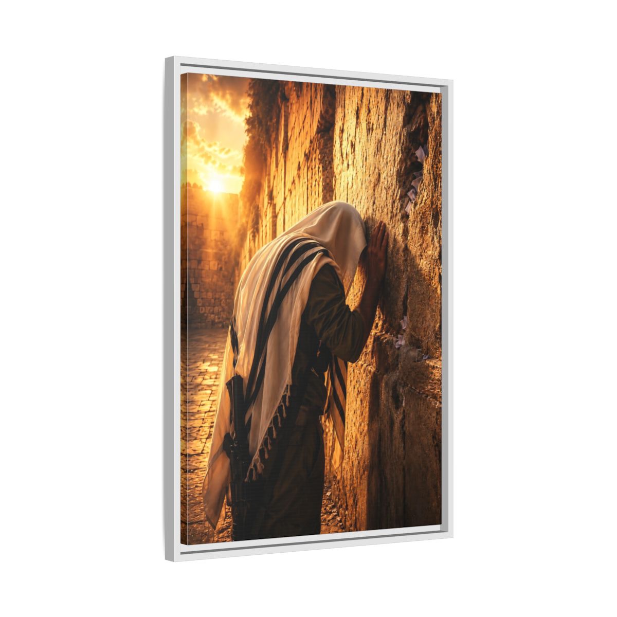 Side Mockup 10. Religious Praying Man Jerusalem Wall Sunset shown as framed canvas print