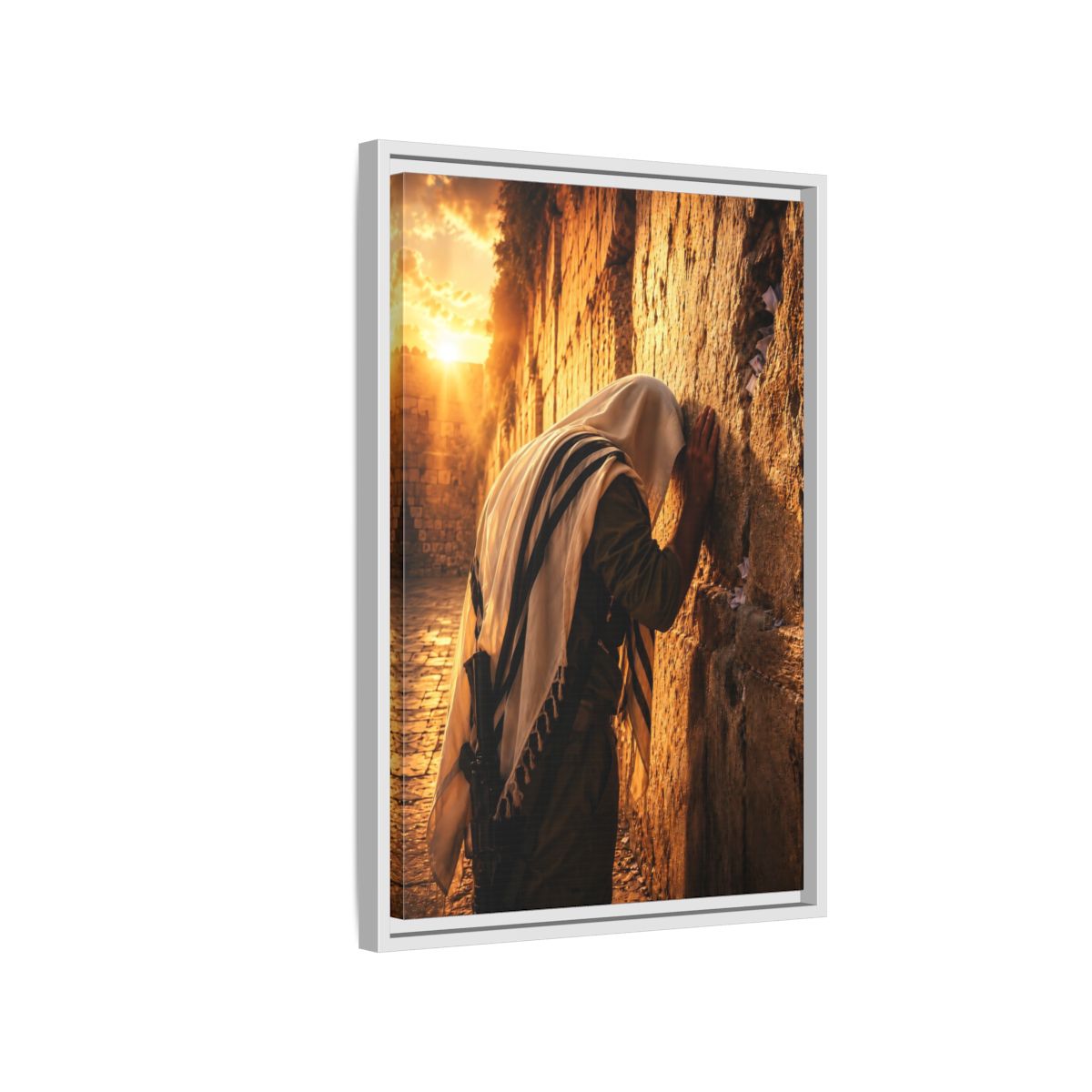 Side Mockup 1. Religious Praying Man Jerusalem Wall Sunset shown as framed canvas print