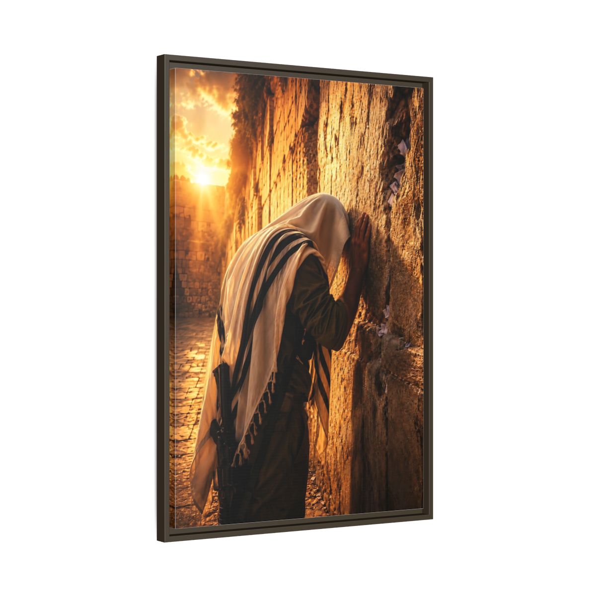 Main Mockup. Religious Praying Man Jerusalem Wall Sunset shown as framed canvas print