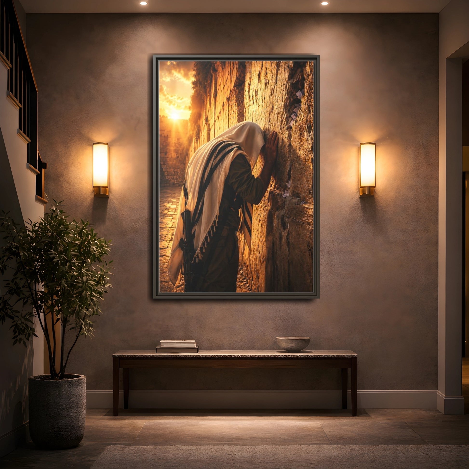 Mockup 2. Religious Praying Man Jerusalem Wall Sunset shown as framed canvas print