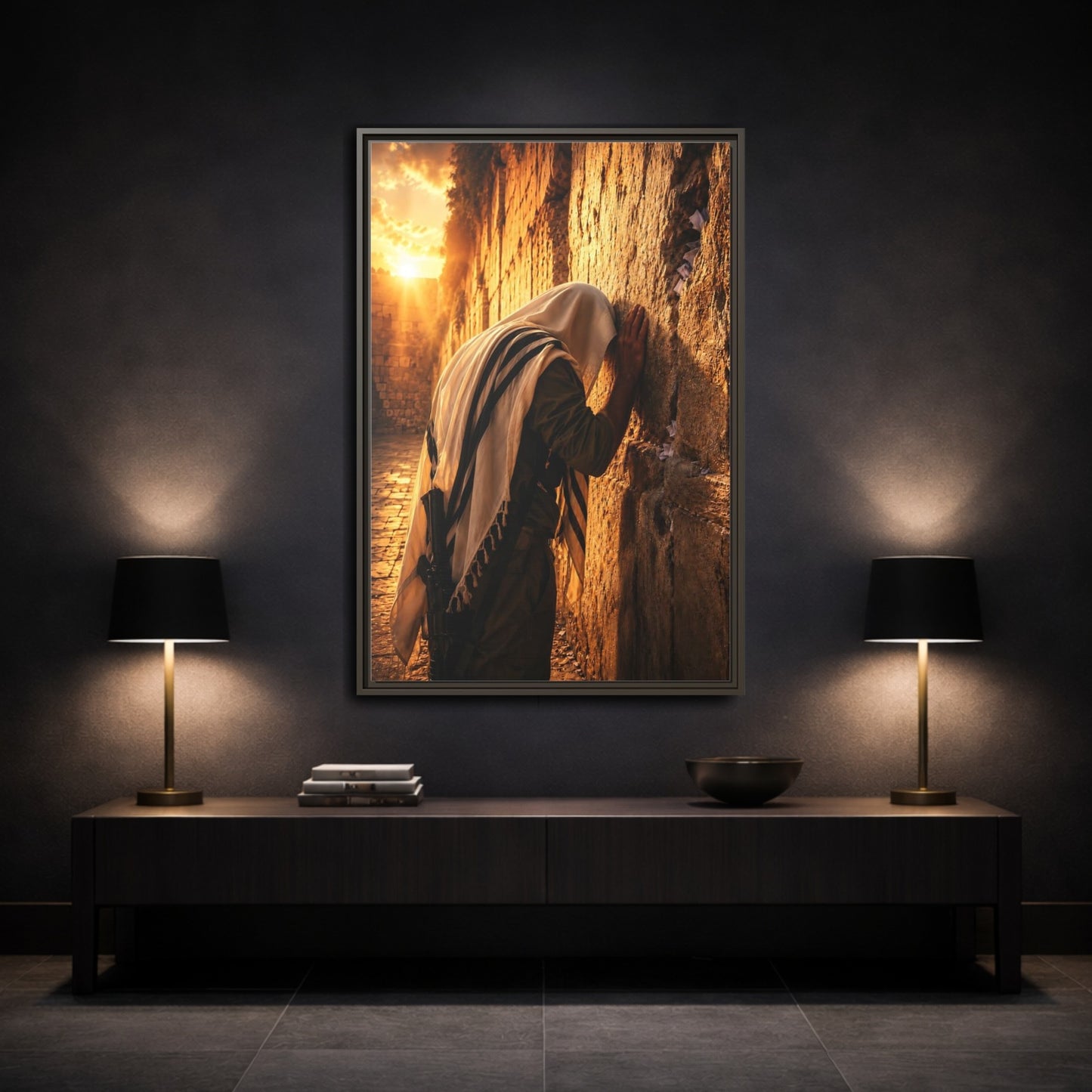 Mockup 3. Religious Praying Man Jerusalem Wall Sunset shown as framed canvas print