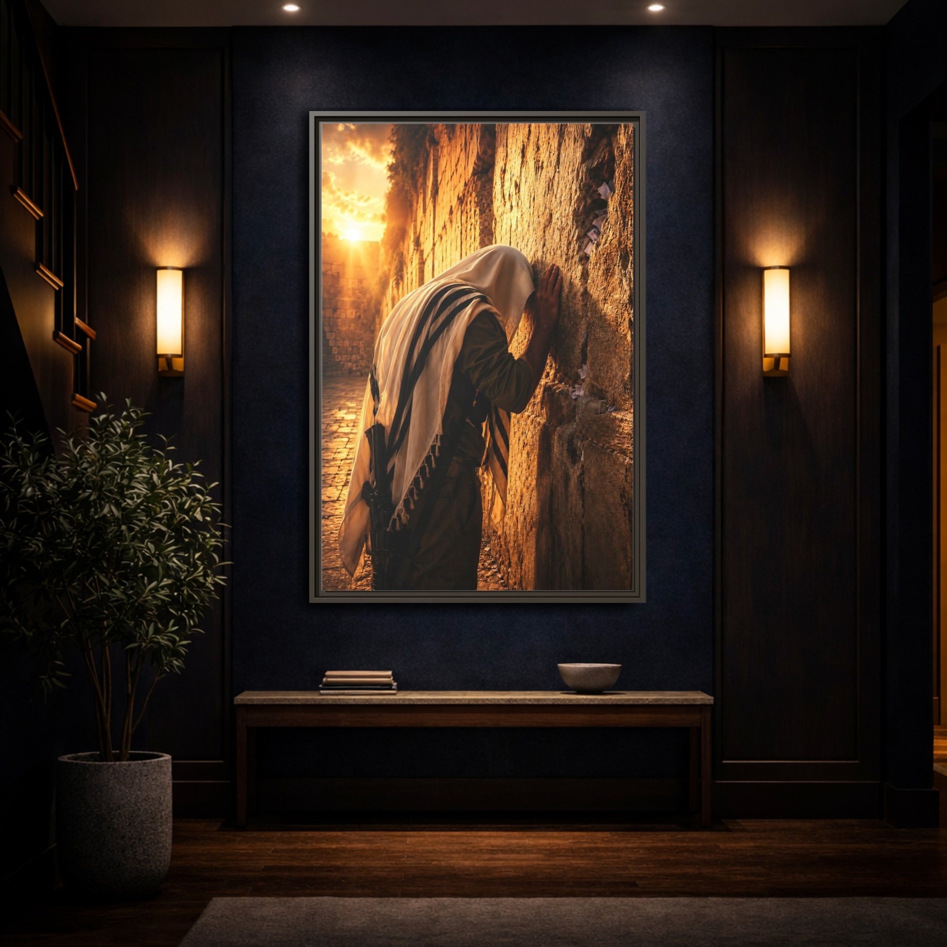 Mockup 4. Religious Praying Man Jerusalem Wall Sunset shown as framed canvas print