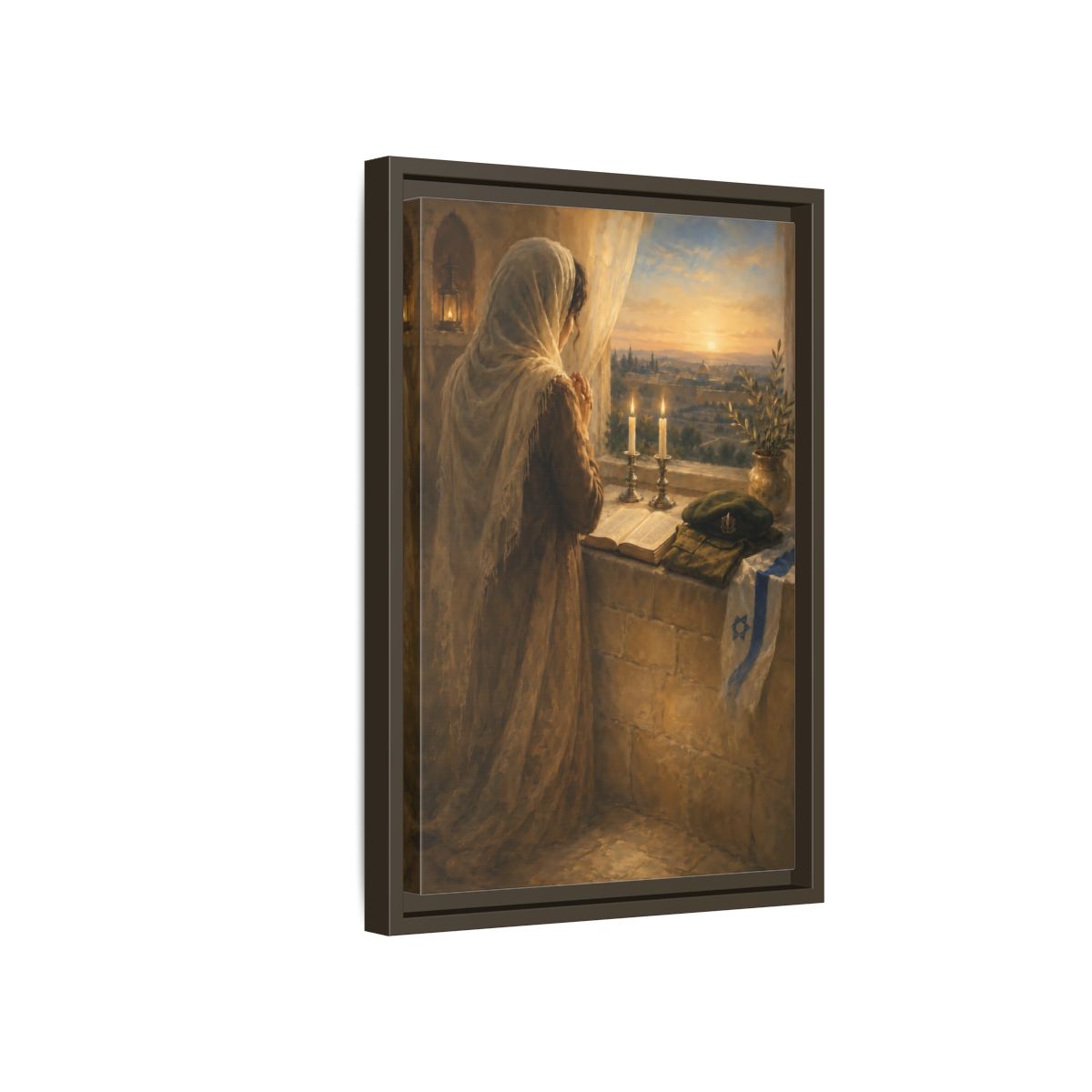 Side Mockup 5. Religious Praying Woman Holy City Prayer shown as framed canvas print
