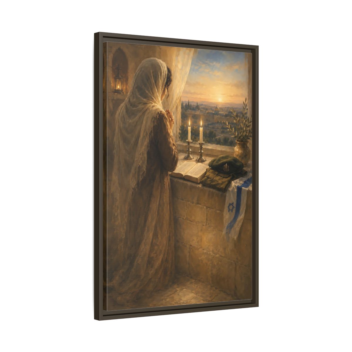 Side Mockup 11. Religious Praying Woman Holy City Prayer shown as framed canvas print