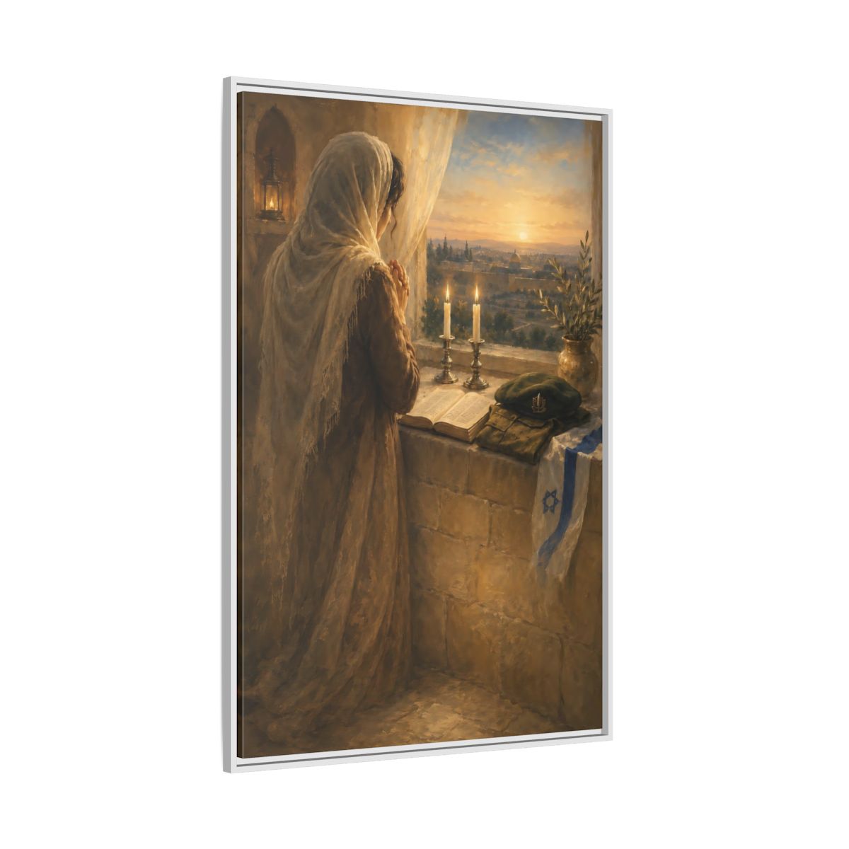Side Mockup 7. Religious Praying Woman Holy City Prayer shown as framed canvas print