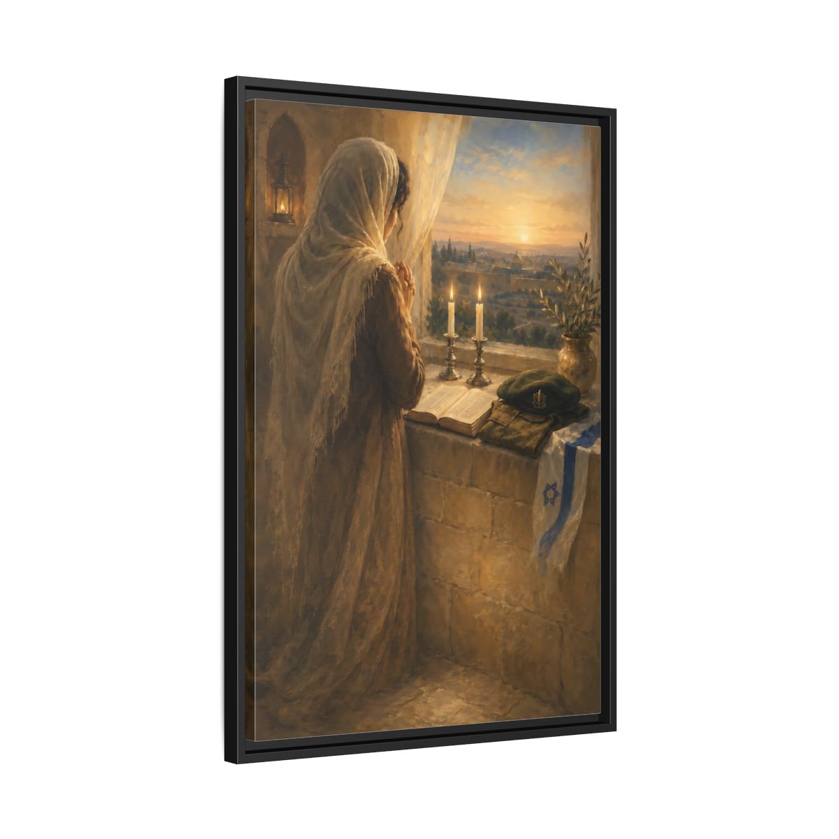 Side Mockup 14. Religious Praying Woman Holy City Prayer shown as framed canvas print