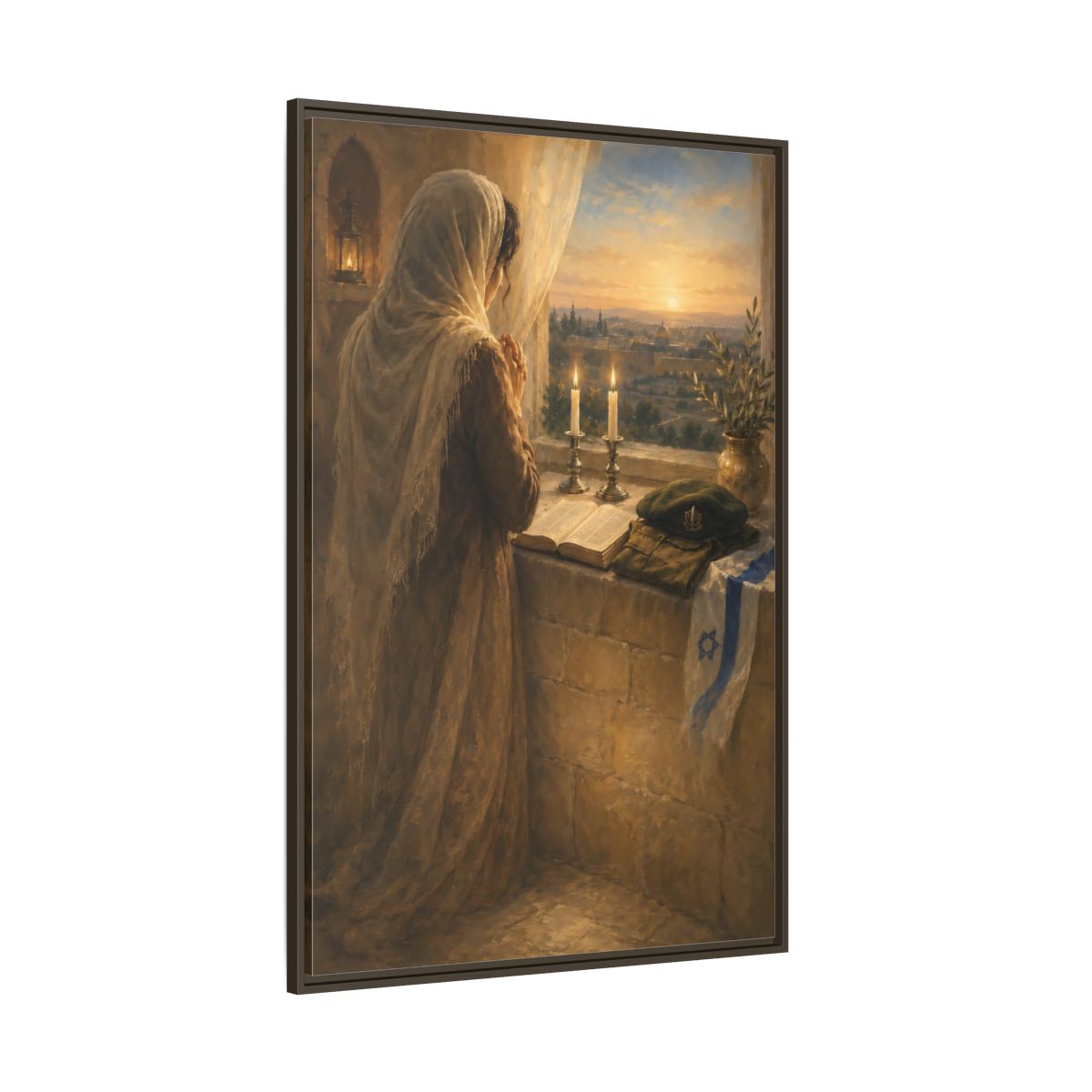 Side Mockup 8. Religious Praying Woman Holy City Prayer shown as framed canvas print