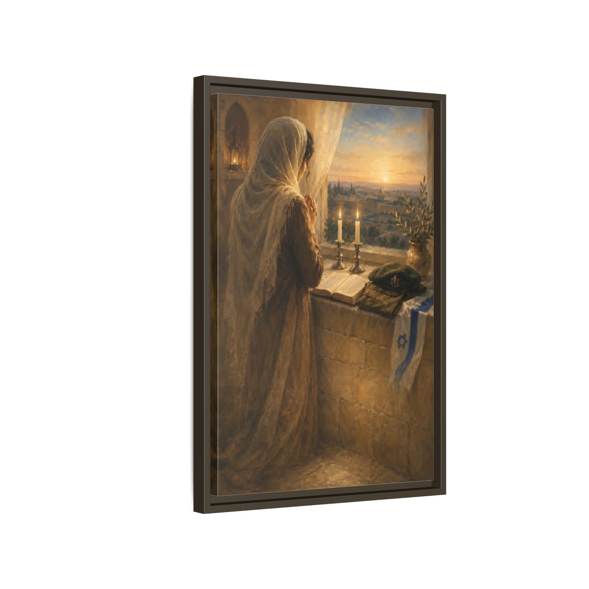 Side Mockup 2. Religious Praying Woman Holy City Prayer shown as framed canvas print
