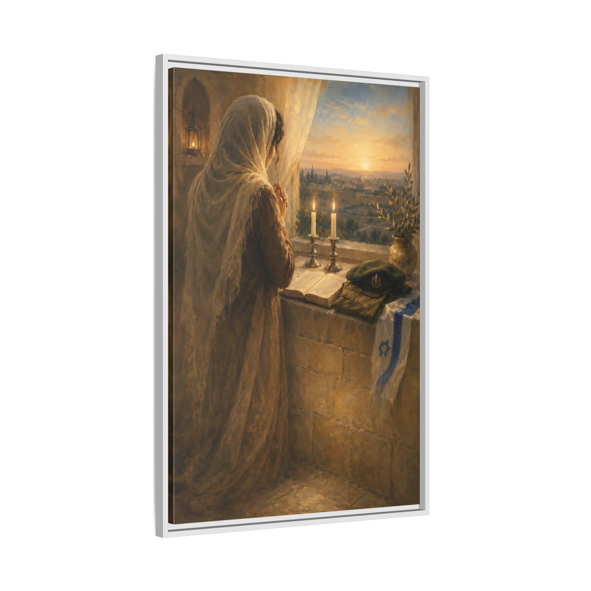 Side Mockup 9. Religious Praying Woman Holy City Prayer shown as framed canvas print