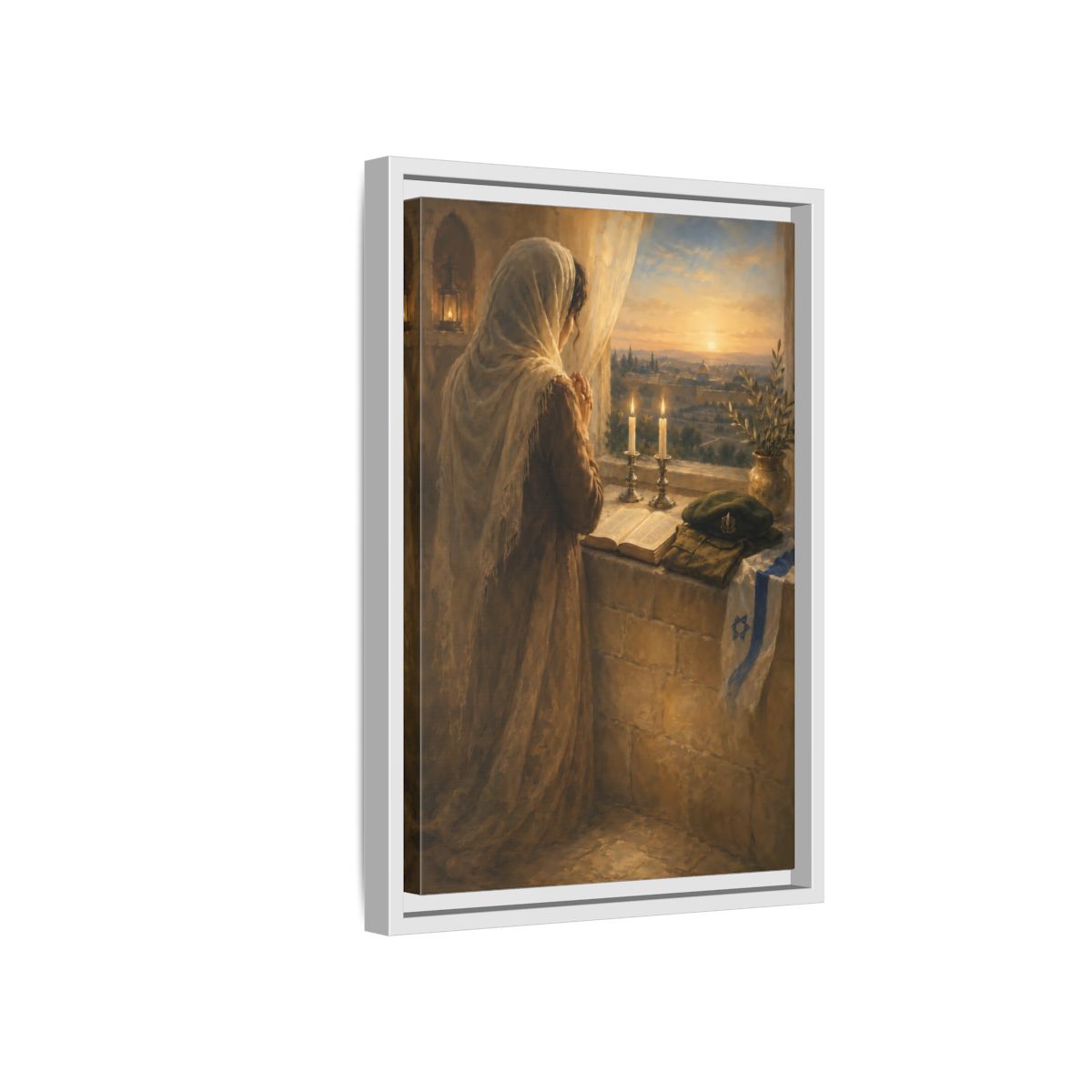 Side Mockup 4. Religious Praying Woman Holy City Prayer shown as framed canvas print
