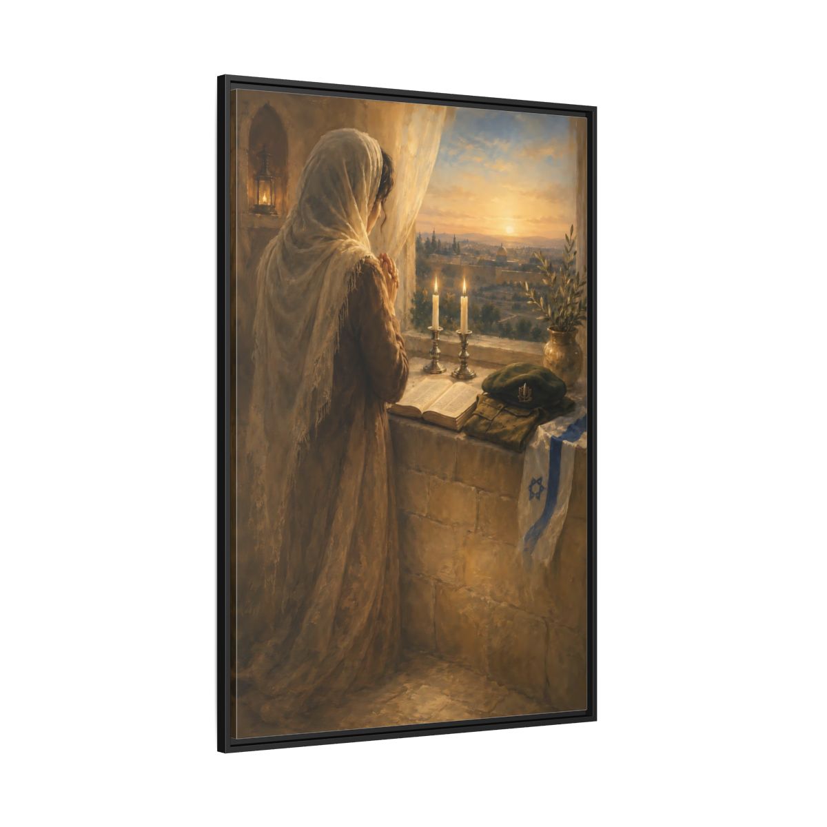 Side Mockup 12. Religious Praying Woman Holy City Prayer shown as framed canvas print