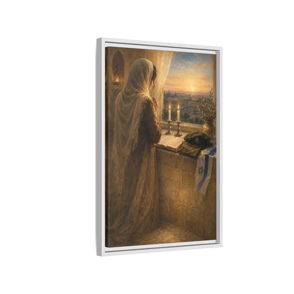 Side Mockup 1. Religious Praying Woman Holy City Prayer shown as framed canvas print