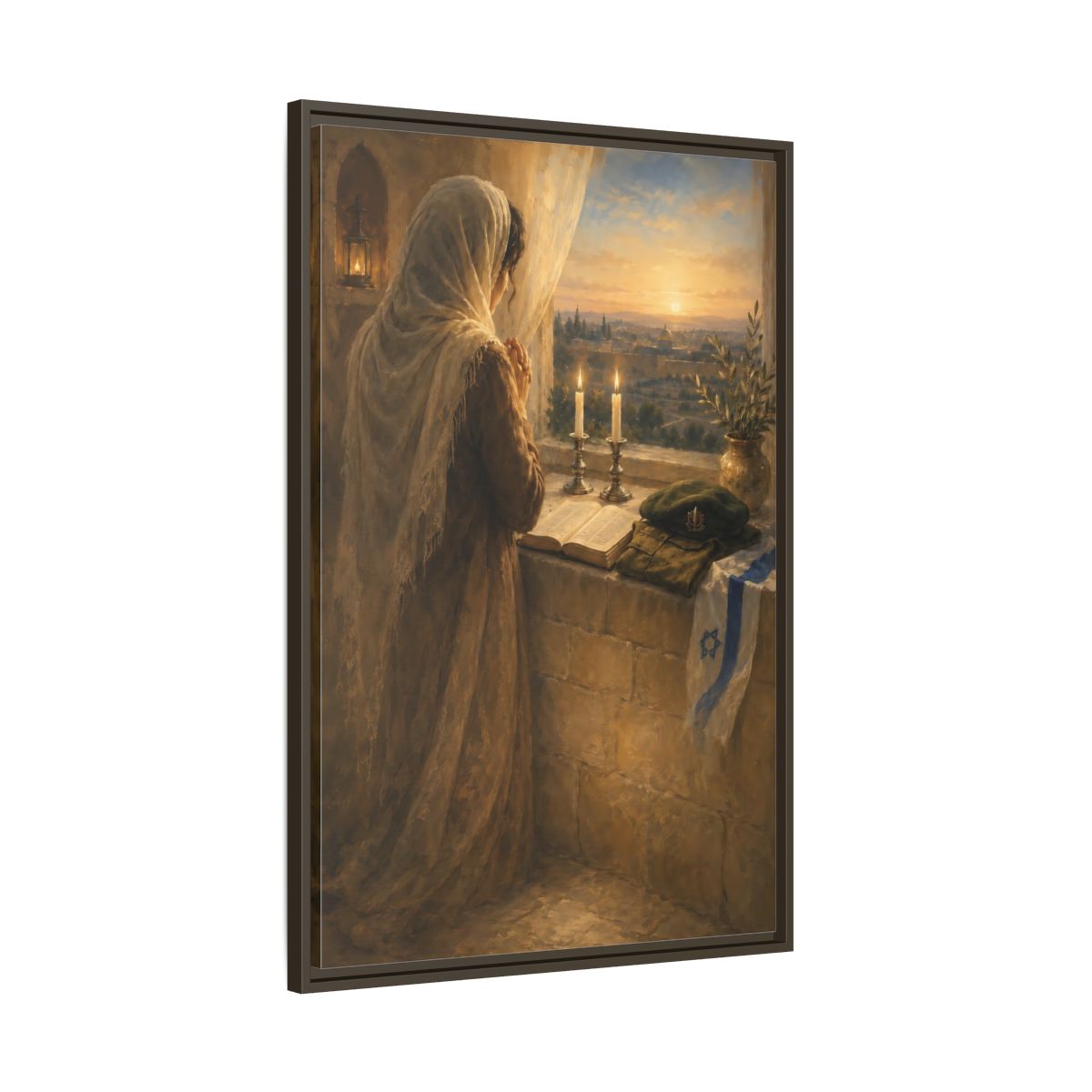 Main Mockup. Religious Praying Woman Holy City Prayer shown as framed canvas print