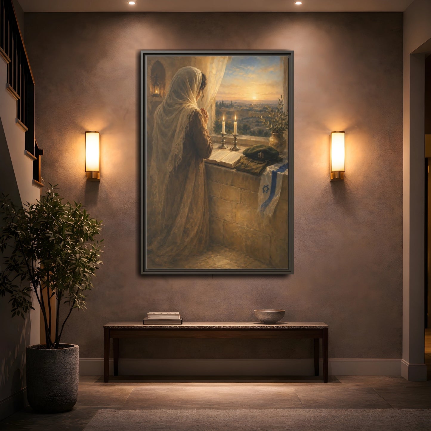 Mockup 2. Religious Praying Woman Holy City Prayer shown as framed canvas print