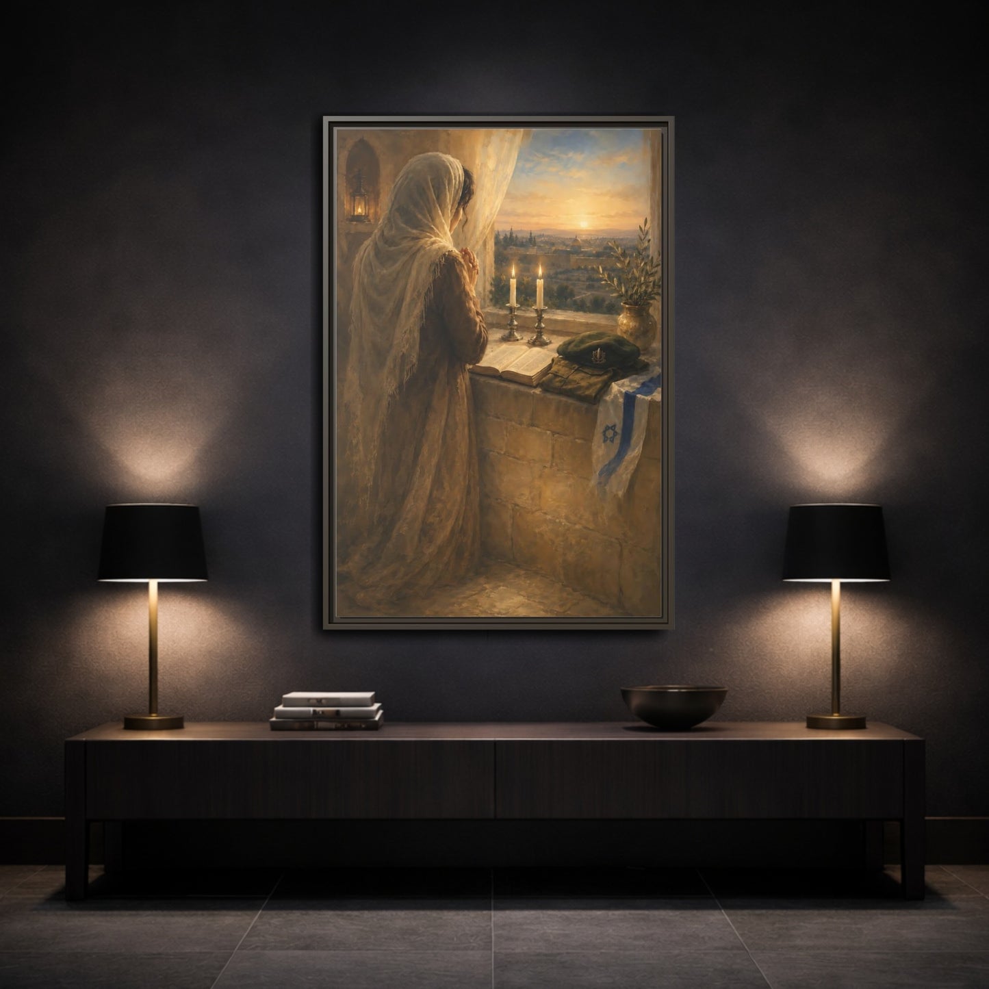 Mockup 3. Religious Praying Woman Holy City Prayer shown as framed canvas print