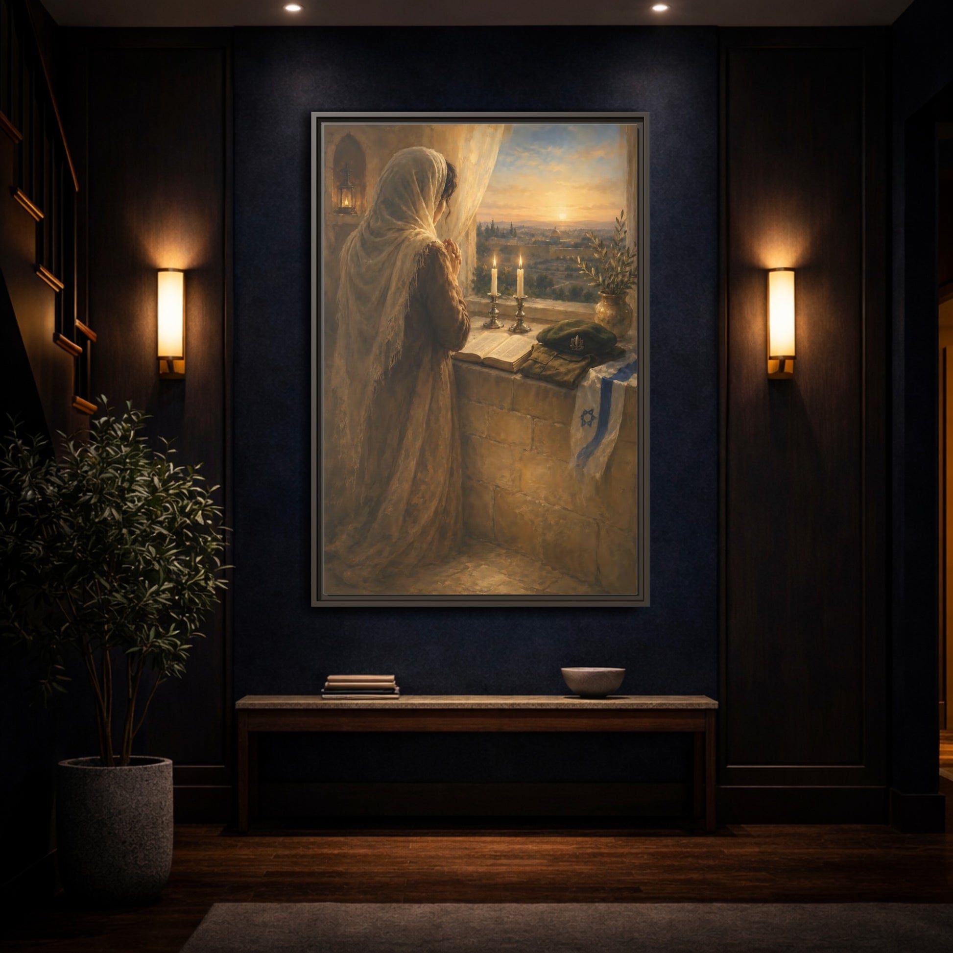 Mockup 4. Religious Praying Woman Holy City Prayer shown as framed canvas print