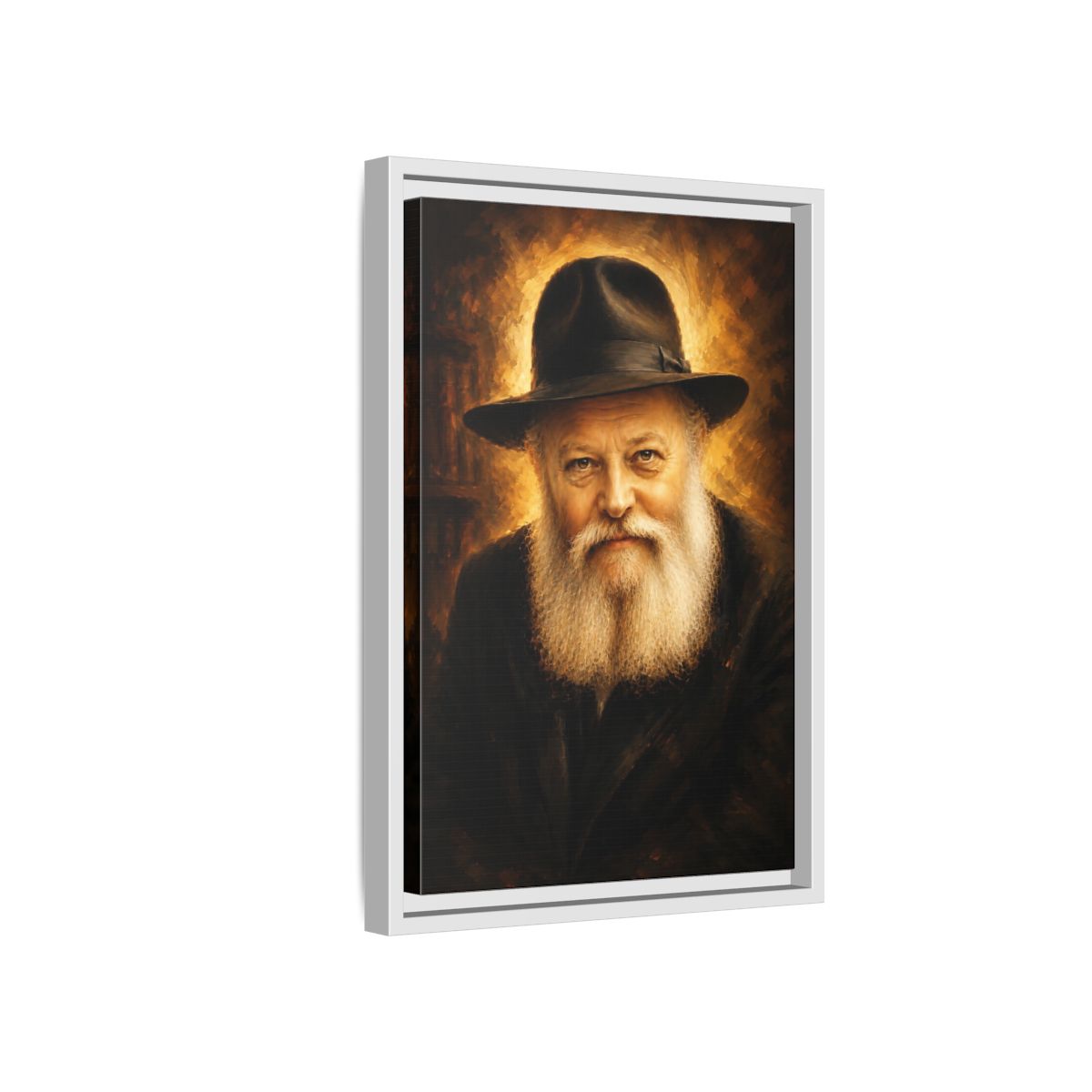 Side Mockup 4. Religious Rabbi Gold And Black shown as framed canvas print