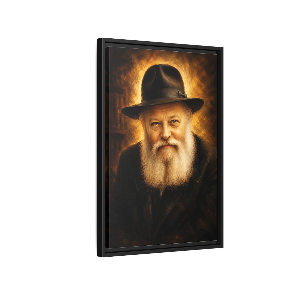 Side Mockup 3. Religious Rabbi Gold And Black shown as framed canvas print